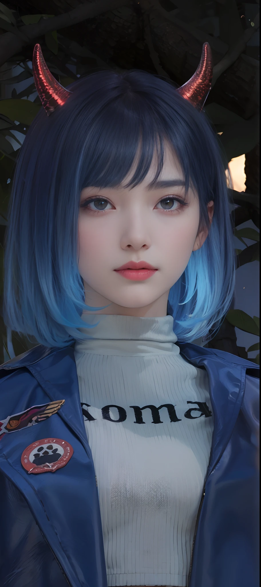 Cute face, calm, white turtleneck crop top, opened blue leather jacket, black and blue ombre hair, ultra light, night, tree background, short hair with bangs