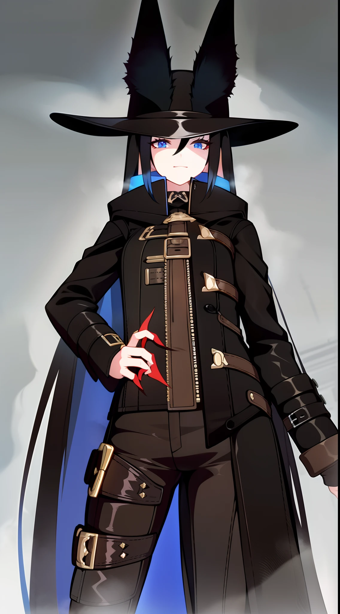 young girl, Long black hair, Fox ears, blue eyes, leather coat, hat, pants, claws, Smoke, Masterpiece, hiquality, 4k, HD, Good detail