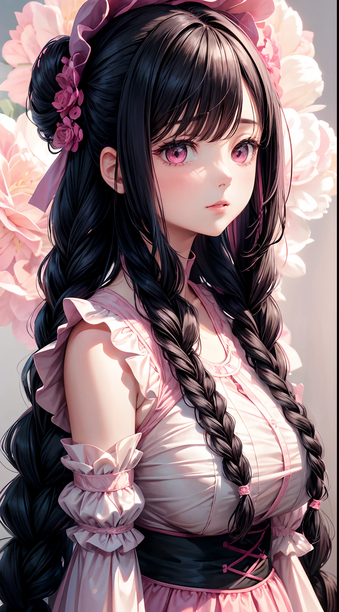 girl,Pink pop dress,black color hair,Long double braid,florals,pink back ground,big breasts beautiful,Delicate details,Hyper-Resolution,accuracy,detail render,(highest quality)(Master masterpieces)(High degree of completion)(a sense of atmosphere)tmasterpiece,ultra - detailed(half-body portrait)