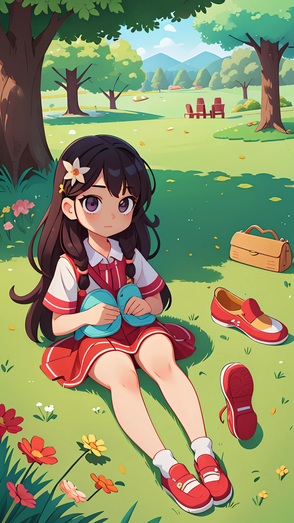 girl with、Lying on the lawn of the park、full body Esbian、Distinctive ethnic hair ornaments、Characteristic ethnic shoes