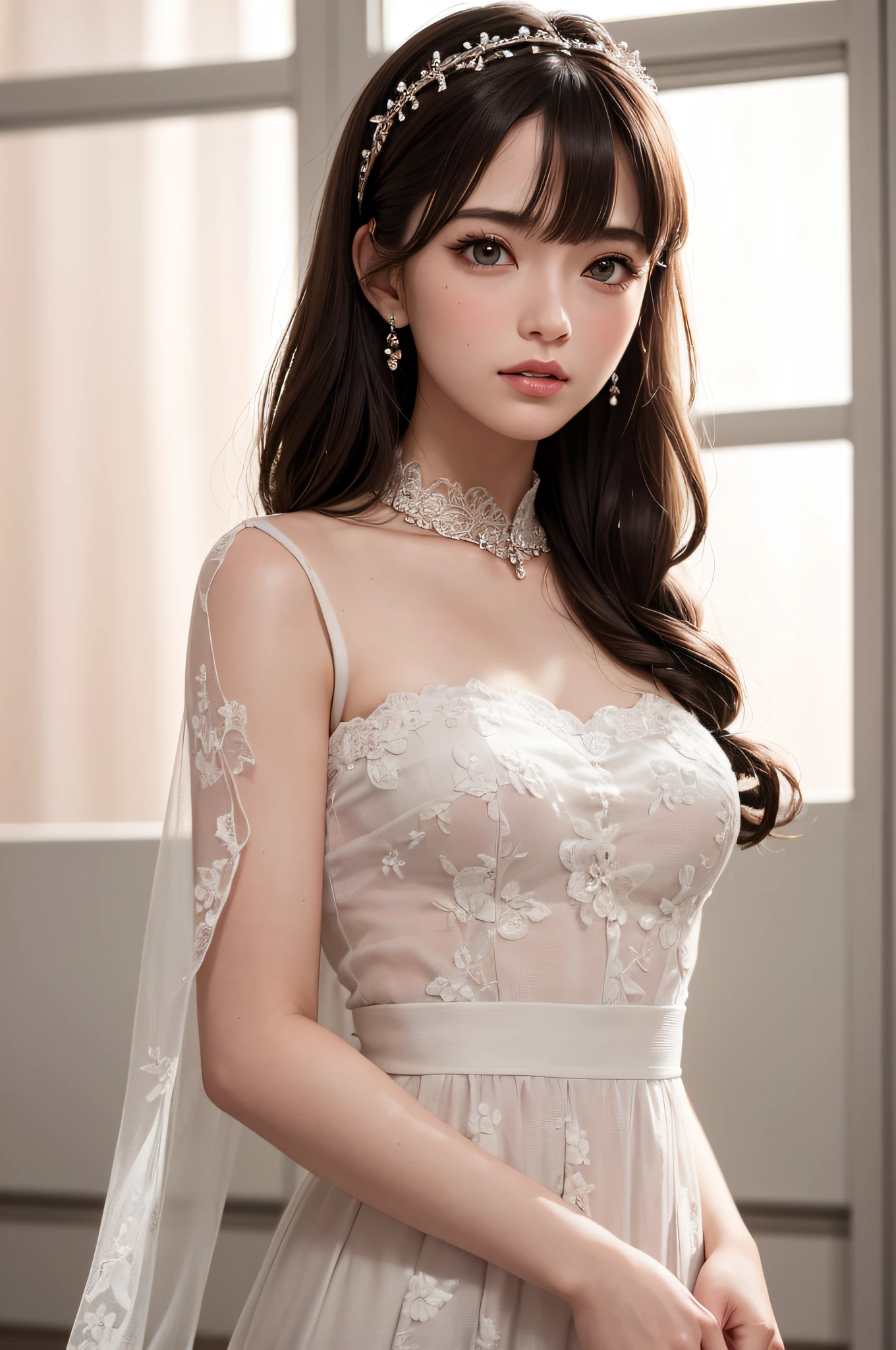 (masutepiece:1.3), High resolution, ultra-detailliert, the Extremely Detailed CG Unity 8K Wallpapers, Realistic, Photorealsitic, Raw photo, beautifull detailed face, pale skin, realistic glistening skin, Detailed Cloth Texture, detailed hair texture, Perfect body, Beautiful face, acurate, Anatomically correct, Highly detailed face and skin texture, Natural neck length, (Fair skin:1.2), thin legs, Thin feet, (Aligned teeth:1.1), Sweaty skin, BREAK, Detailed eyes, symmetrical eye, Light brown eyes, Double eyelids, Thin eyebrows, (Sleepy eyes:1.1), (Glossy lips:1.4), (Mouth waiting for a kiss:1.2), (blush:1.2), (Small hair accessories that sparkle:1.1), BREAK, (classy girl:1.3), (Wearing (doress:1.2) With a white floral pattern), BREAK, ((Close Up Shot:1.2)), medium breasts, Slender figure, Firm abs, ((up do hairstyle, Dark blonde hair, Wavy Hair, Long hair:1.1)), ((asymmetric bangs:1.2)),