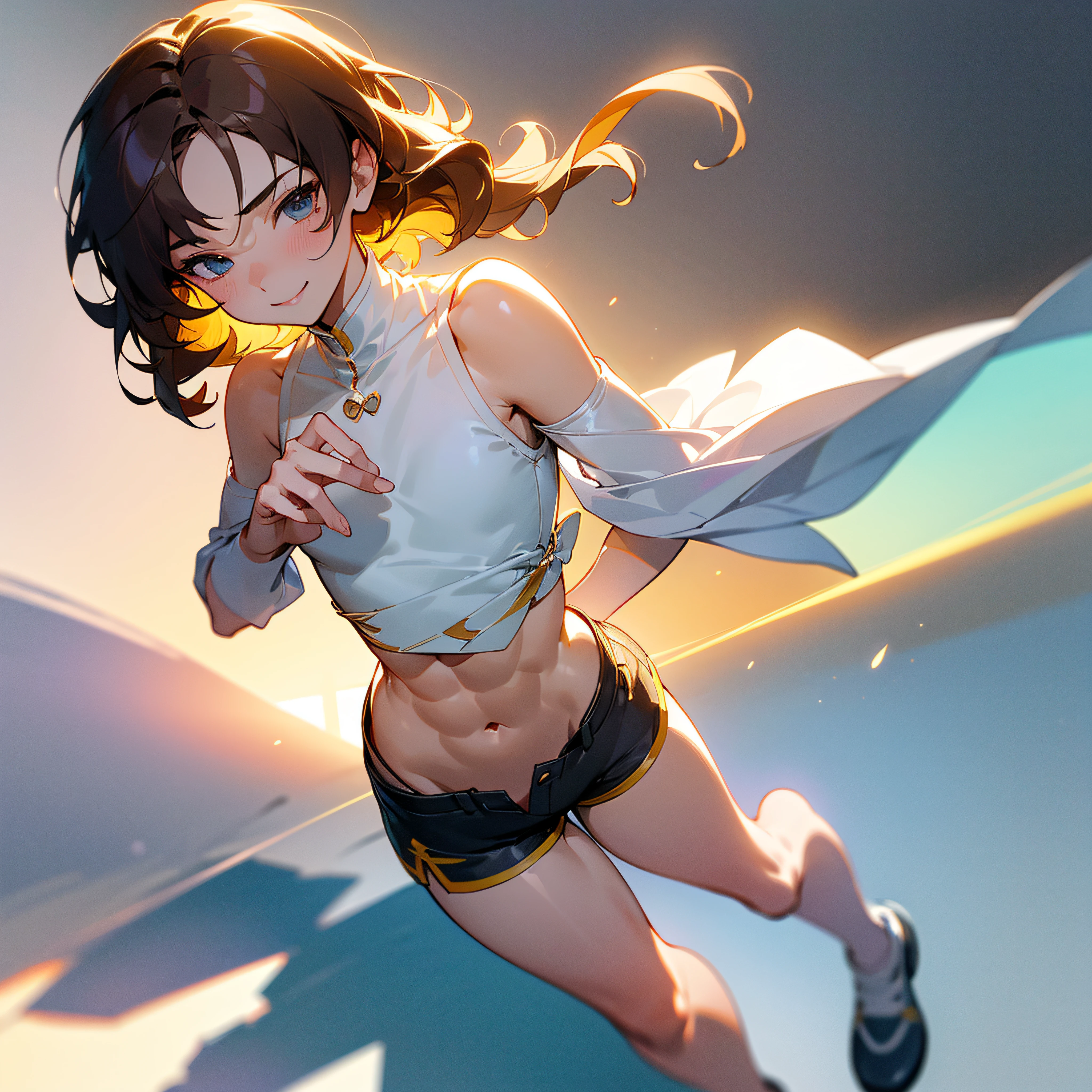 ((mid-chest, Tomboy, small head)), Daylight, Sunlight, (well-defined abs: 1.1), (Perfect body: 1.1), (short wavy hair: 1.2), Russet Hair, Full-body photos, Crowded streets, Wearing a white vest, ((Shorts)), (Very detailed CG 8k wallpaper), (Extremely delicate and beautiful), (masutepiece), (Best Quality: 1.0), (Ultra-high resolution: 1.0), Beautiful lighting, Perfect Lightning, Realistic Shadows, [High resolution], Delicate skin, Ultra-detailed, Charming smile --auto