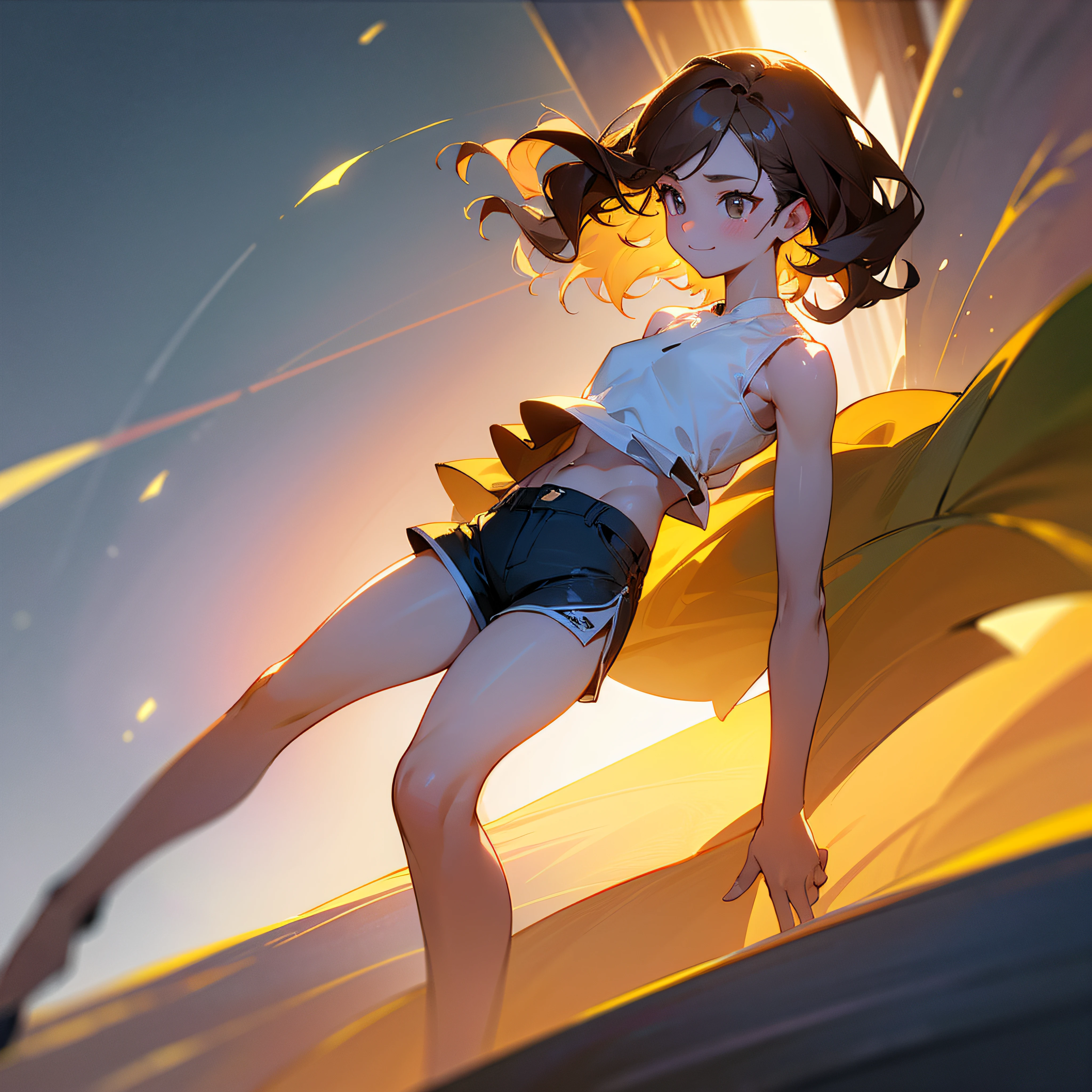 (top-quality、8K、32K、masterpiece、nffsw:1.2)、Photo of a cute Japanese woman、A smile、Running、(Yellow bikini with black rim)、thick thight、(wind lift:1.6)、full body Esbian、caves、large breasts with good shape、18year old、Check miniskirt