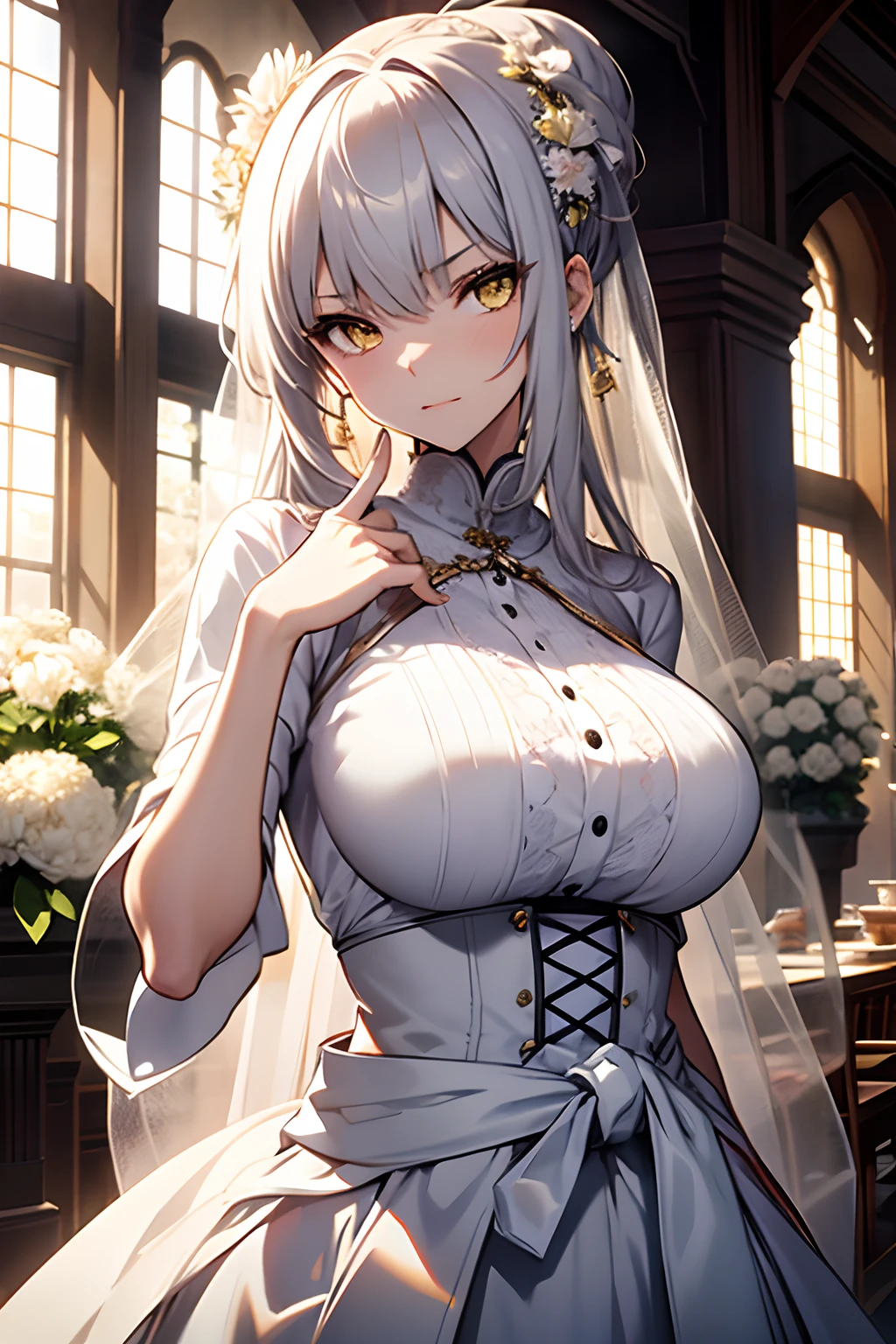 18 years old, beautiful girl, masterpiece, top-quality, 8K anime, detailed fingers, Precise fingers, Not an unnatural hand., illustration, 1 girl, bara, White Wedding Shirt, White shirt, Yellow ribbon on chest, Long white floral skirt,Precise, best quality,Shape height about 164 cm IT HAS BREASTS THAT ARE ABOUT CUP D. ,Golden yellow eyes with long but thin straight eyebrows. ,Anime ,White hair up to the waist.,Wedding Dresses