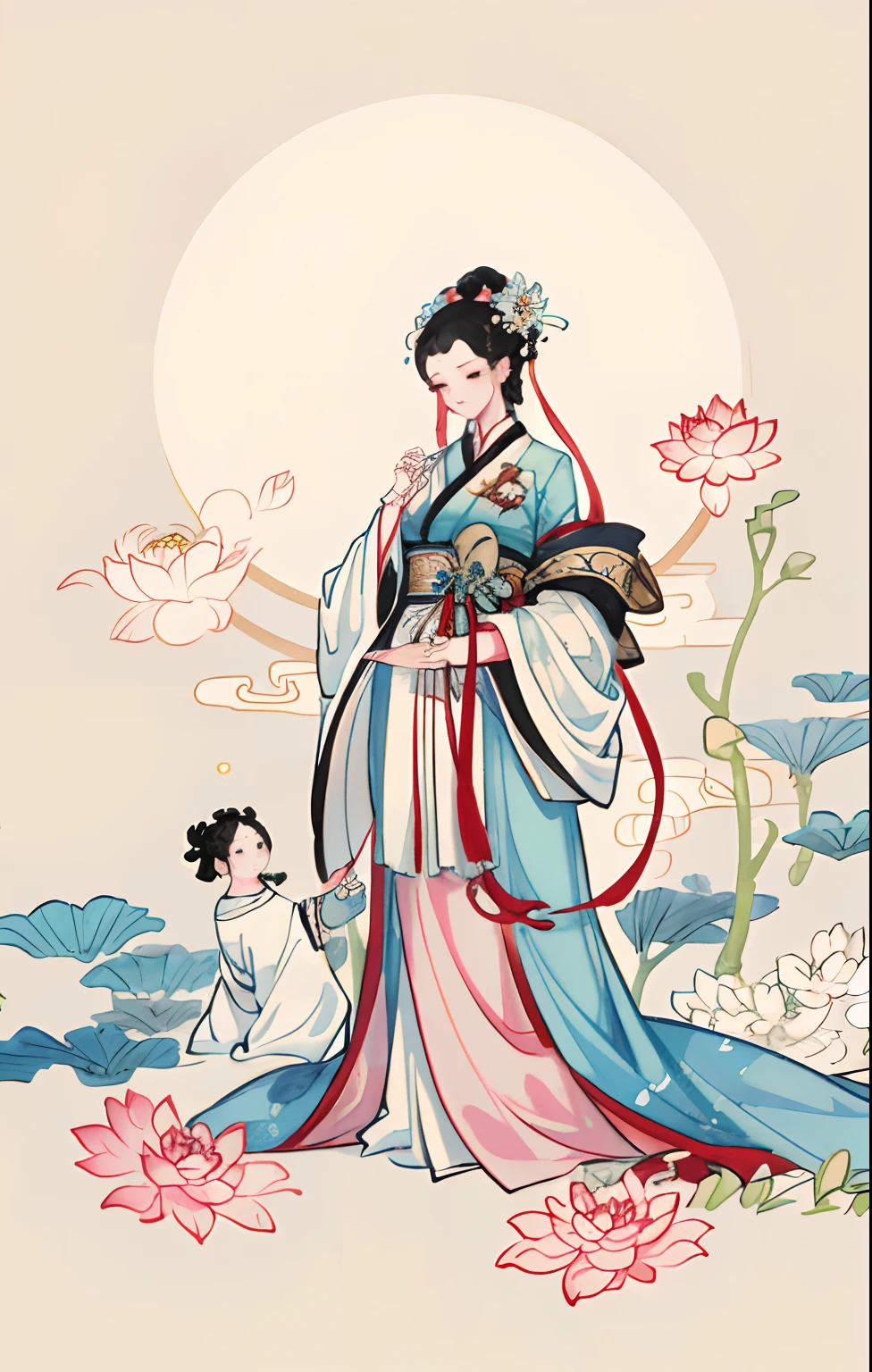 （Chinese immortals）, （Buddhism）, （mythological stories）, （bodhisattva）,（White silk robe），Images of women and children in Chinese paintings, guanyin of the southern seas, Guanyin, Holding a lotus flower，hyper HD, Masterpiece, ccurate, Textured skin, Super detail, High details, High quality, Award-Awarded, Best quality, A high resolution, 8K