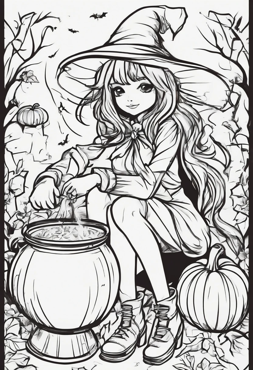 Small and cute witch in anime style、Anime girl witch mixing cauldron、Lots of jack-o'-lantern backgrounds、high-level image quality、Precision painting、4K、Hero Academia Style Art