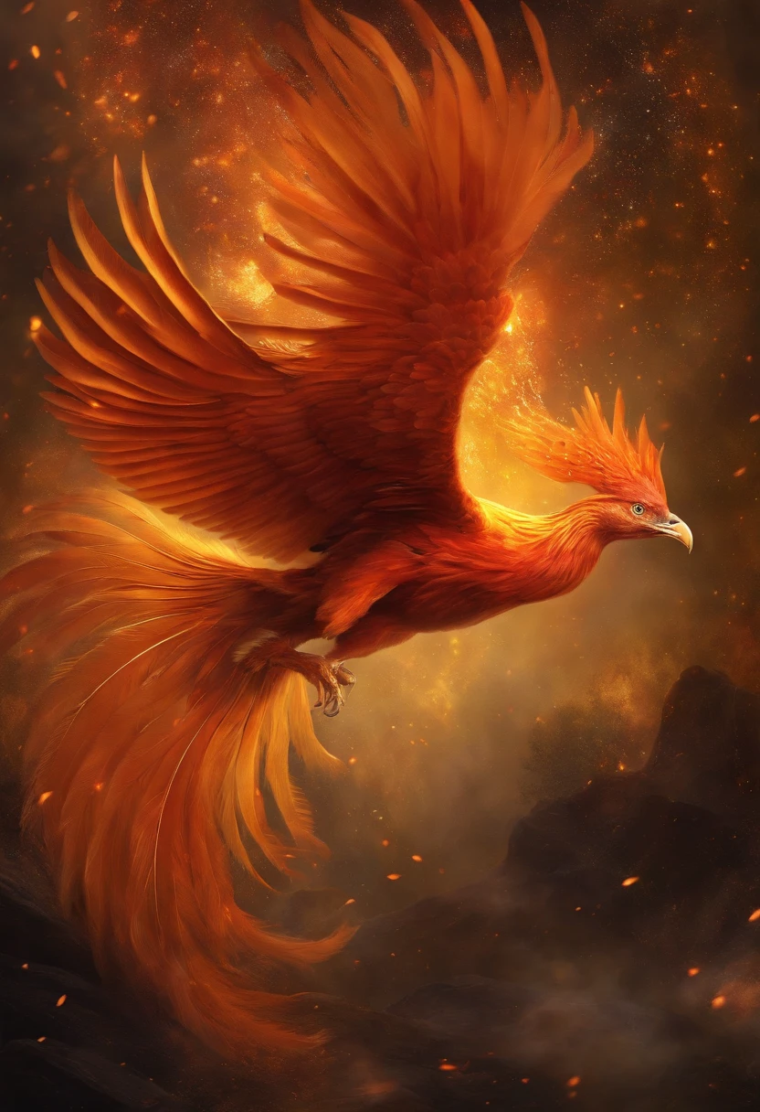 burning feathers，Phoenix reborn，Elegant and majestic，fantasy，Gustav Klimt，majestic creature，rim-light