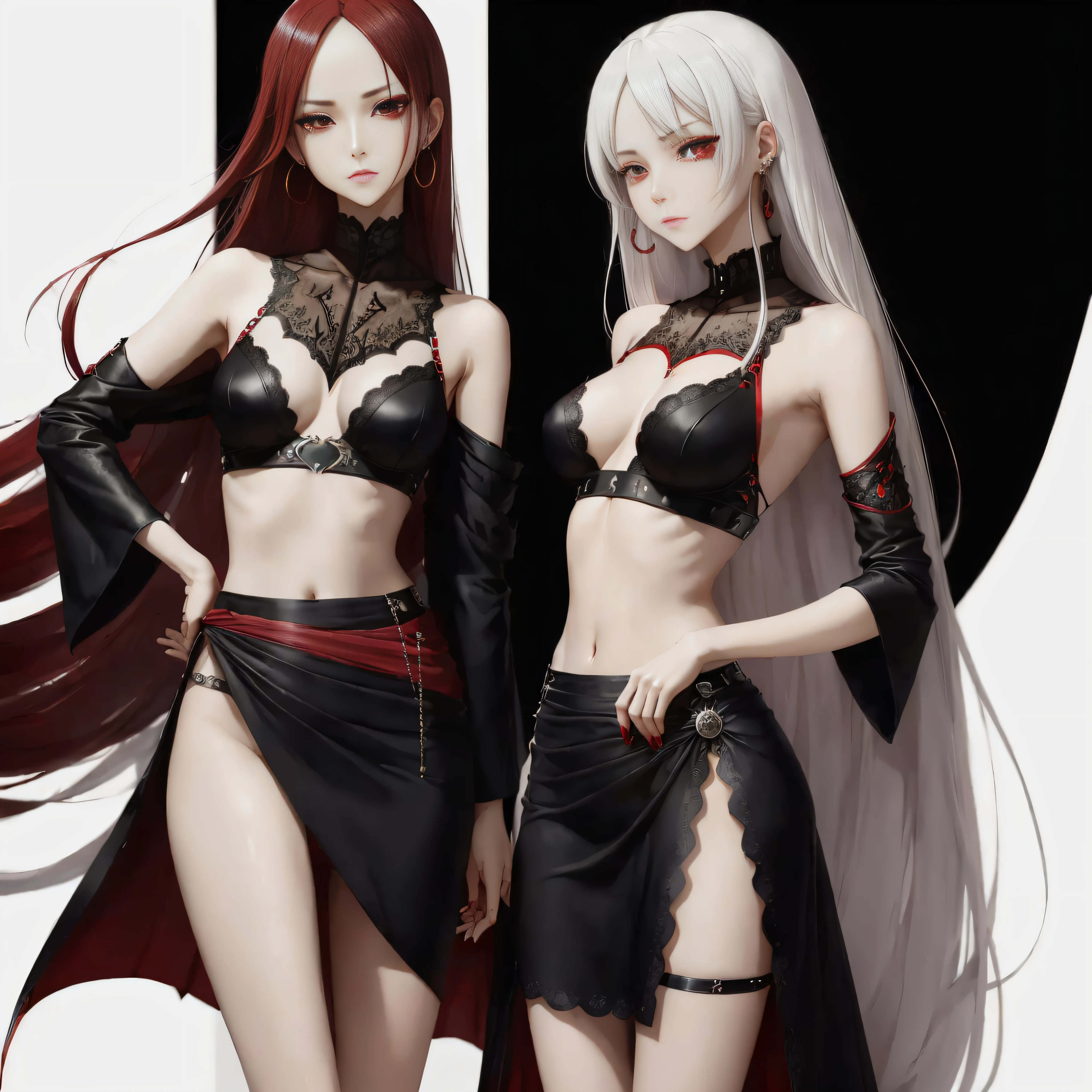 ((masutepiece: 1.4, Best Quality))+,(Ultra Detail)+, Official art, Unity 8k壁纸, ultra-detailliert, Beautiful, High quality, Beautiful, masutepiece, Best Quality, (flat chest), Full body, standing painting, White background, Red Straight Hair, gloomy eyes, Black Little Snake, White theme, Red Jewelry, Stud, Black Lace Flat, asymmetric skirt, Blood stains on the skirt, devil, skeletal, Lots of races --auto