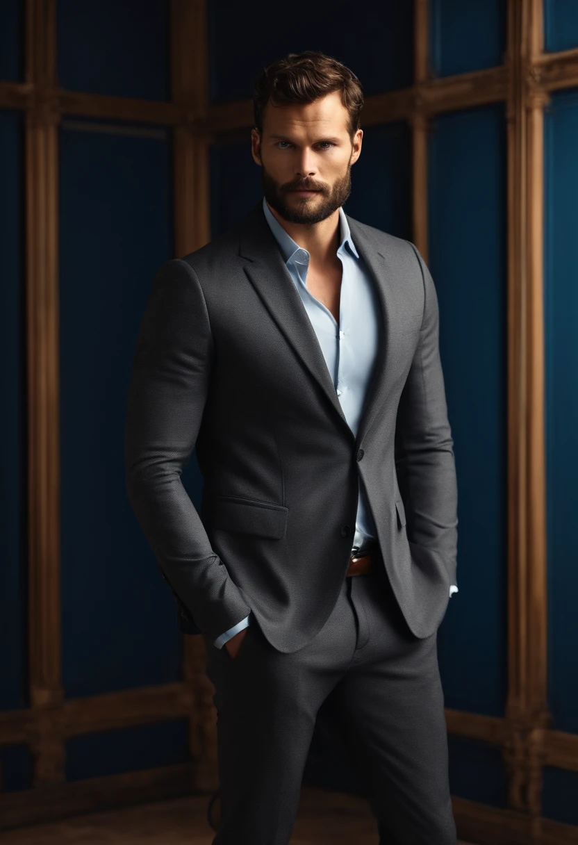 (Men in elegant clothes), ), (Has a long, bushy beard,) (blue color eyes) (sportrait) Attractive and serious look, dark brown hair, Classy and Elegant, and strong T-shirts, Men like actor Jamie Dornan, (Realistic high-quality images), Scandinavian apartment in background with design furniture and blue wall color background, ((Best quality, 8K, Master parts).