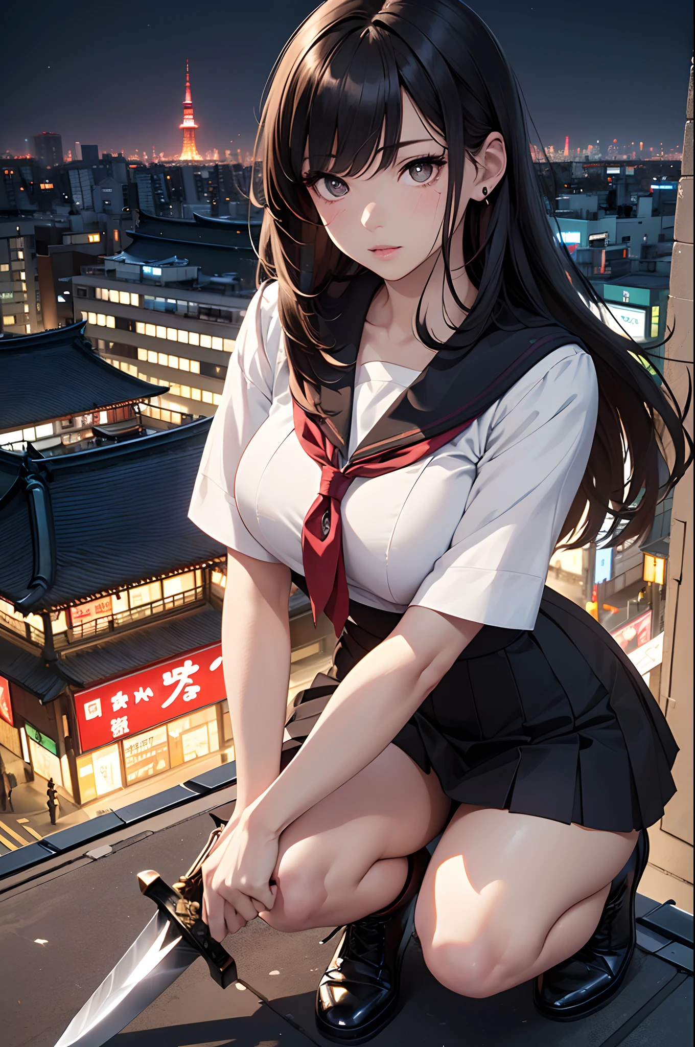 (Official art、Best Quality、Unity 8k Wallpapers、32K、​masterpiece、ultra-detailliert、超A high resolution、realisitic、Photorealsitic:1.2)、(Cinematic lighting:1.2)、Fireglow effect、film grains、Best Shadows、Rim lighting、side lights、sideshot、(Ultra-detailed and complex 3D rendering)、Detailed beautiful face and eyes、Sharp pupils、Realistic pupils、A slender、１Man Woman、Medium bust、(Full body:1.2)、 Highly detailed background、beauitful face、16-year-old beautiful girl、(super detailed skin、detailed skin textures:1.3)、Black hair、Blunt bangs、Brown-eyed、a sailor suit、pleatedskirt、Black stockings、(thighs thighs thighs thighs:0.8)、Black boots、(Tokyo at night、On the roof of a building:1.4)、(carrying a big sword:1.3)、(Looking away、overlooking a city:1.3)、Squatting