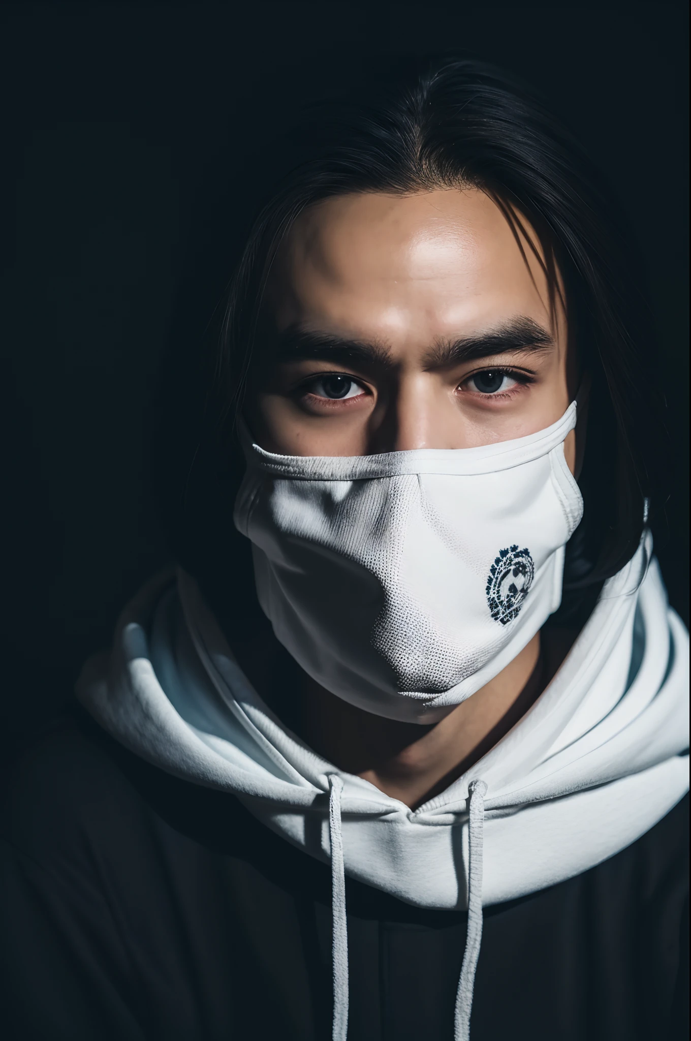 (highres,4k:1.2),realistic photo,portrait,mysterious look,guy,white mask with patterns,hoodie,tattoo on hand,holding a hood,dark background