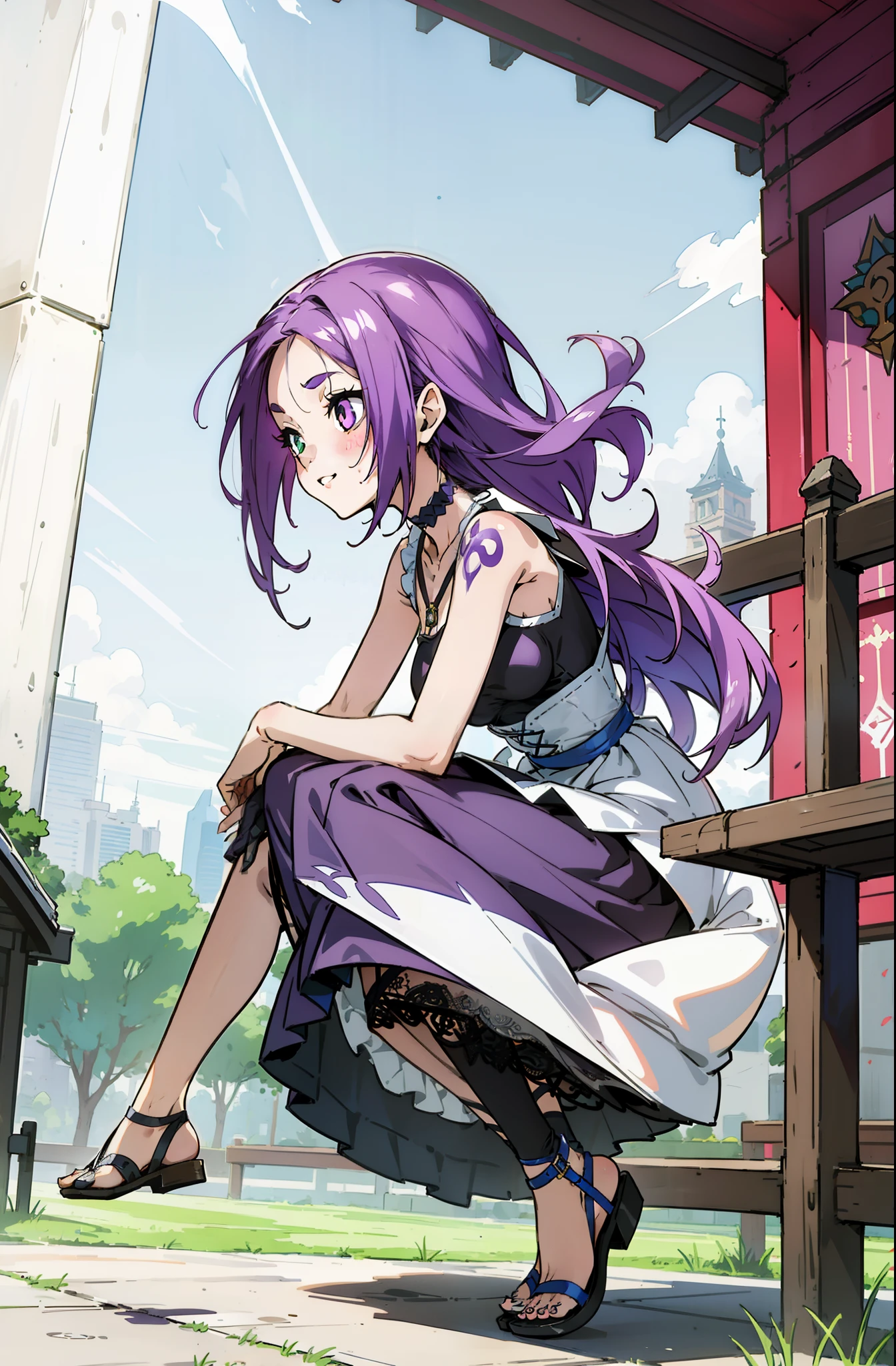 Colorful, Up-close, purple color hair, Ultra-realistic hair quality, Vibrant colors, Young Girl, 14years old girl, Beautiful long hair, Shiny hair, detailed hairs, Hair Ribbon, Single-sided up, Reo Mikage, Blue Lock, no sleeves, Sleeveless, open shoulders, Cinderella, drawing, Cinderella with panniers, Cinderella Dress, Lace dress, long dress, white stockings, stockings, Chest exposure, Lace underwear, Metamorphosis is exposed, buckle, Choker, Black Choker, complete fingers, Five Fingers, Two arms, Two hands, The tattoo, body tattoo, arm tattoos, Blue Rose Tattoo, Tattoo on the wrist, Tattoo on the thigh, Relative area, Sexy breasts, Big breasts, red blush, 1girl in, Solo, Sharp face, Heterochromia, Green eyes, Purple eyes, Bare neck, Happy face, light smile, skirt in dress, pannier in dress,sitting on the grounds, Scenery of Shanghai, Castles, crouching down, bare foot, sandals, masutepiece, Ultra-detailed, Hyper-detailing, anime, anime style, Best Quality