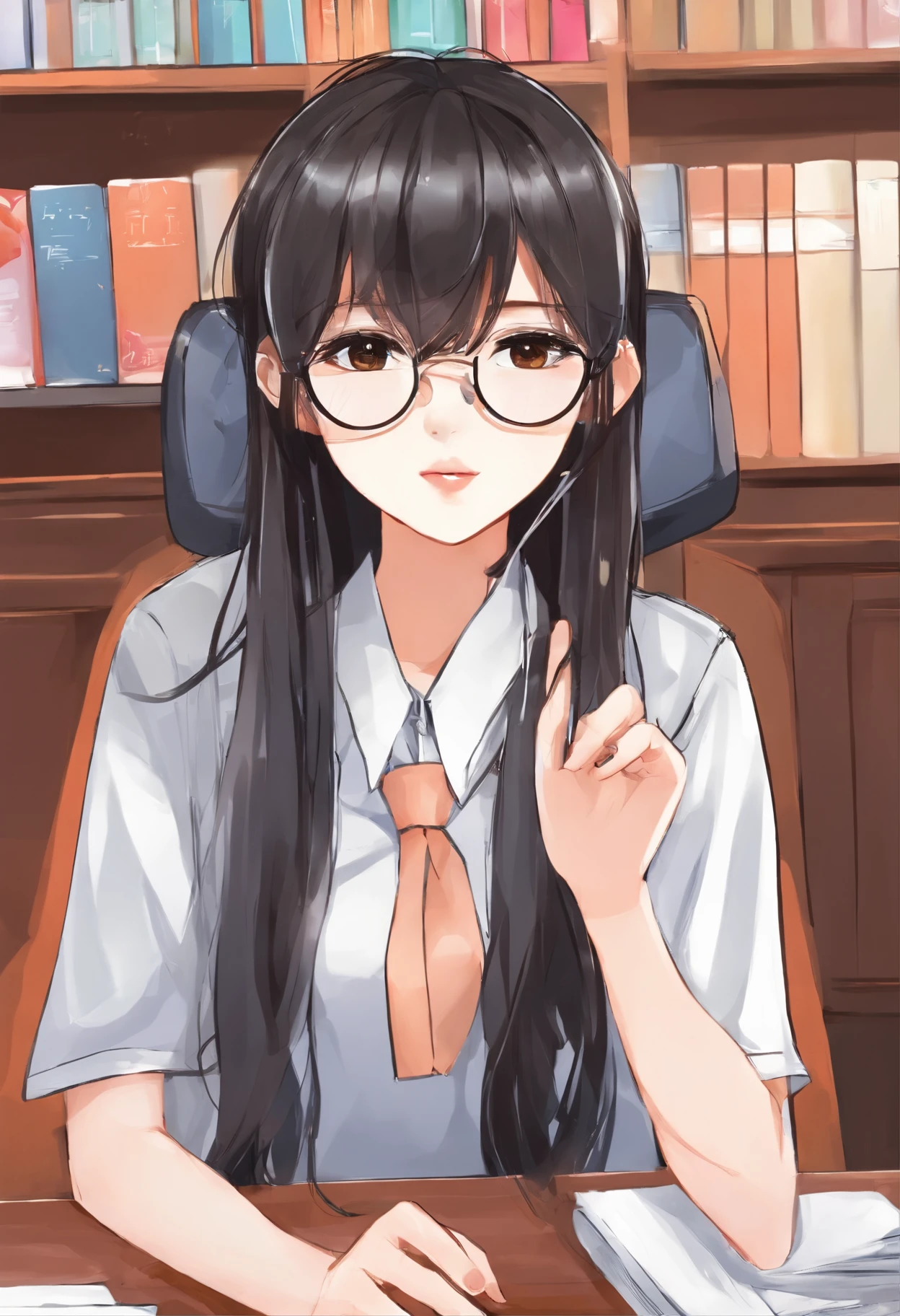 a beautiful Korean girl in uniform long black brown hair, in glasses sitting at chair in classroom and a tall , mash cut hairstyle , handsome Korean boy stare her at the chair from behind