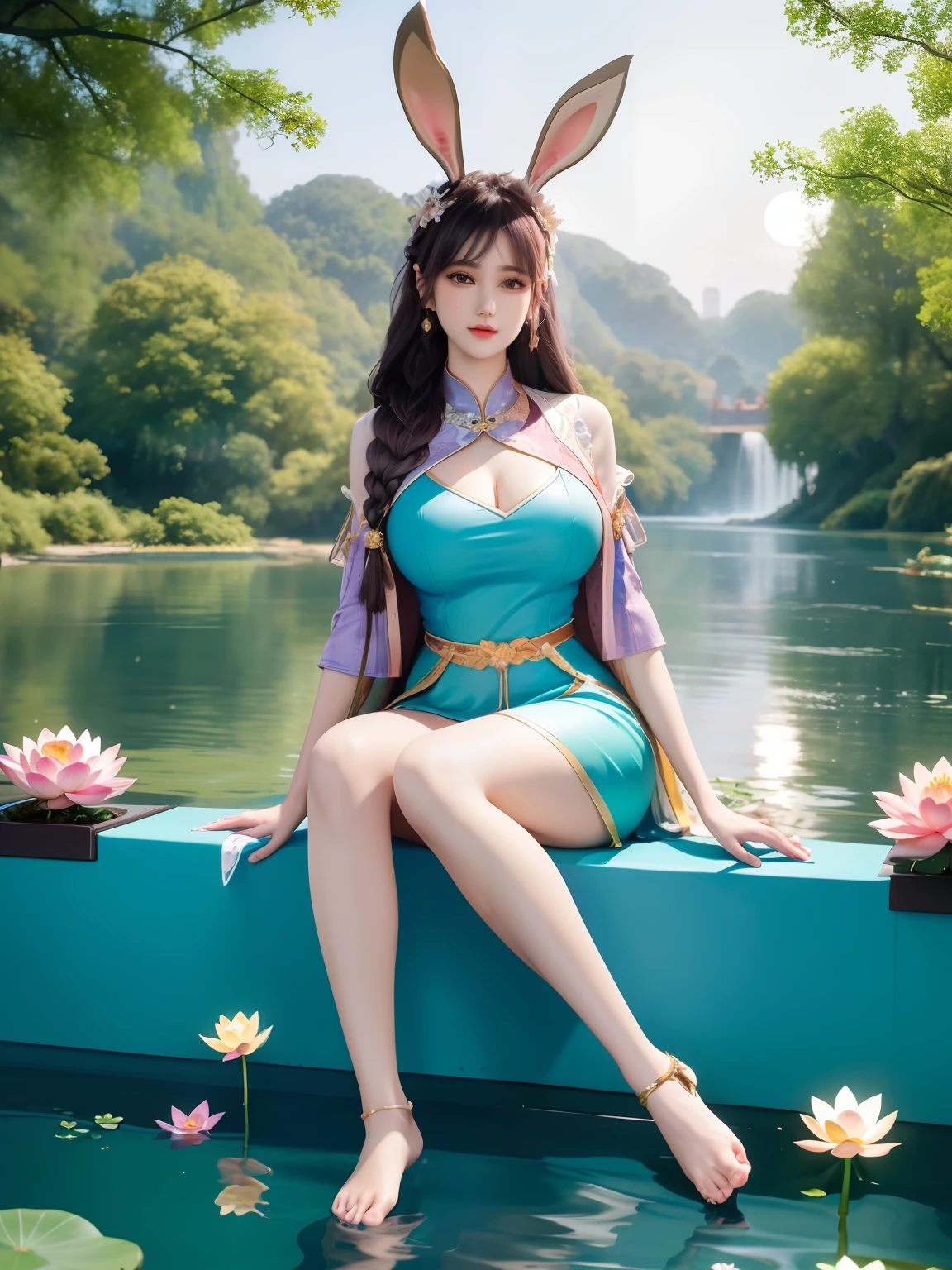 Sitting by a lake full of lotus flowers, her feet playing in the water, the art depicts a charming woman with a melon face, dressed in a flowing, silky traditional oriental dress, long, aqua blue, decorated with intricate patterns and bright colors. Her dress drapes elegantly over her curvy figure, accentuating her seductive silhouette. She sits gracefully by the tranquil lotus lake, her feet playing in the water, bathed in the soft glow of the moonlight. The scene exudes an ethereal and dreamy atmosphere, with a touch of mystery and sexiness. The graphic style blends watercolor and digital illustration techniques to evoke a refined beauty and charm. The lights are filled with soft moonlight, casting soft highlights and shadows on her charming features. Bare thighs, big breasts, three-dimensional facial features, sitting, upturned legs, side braids, rabbit ears, black hair