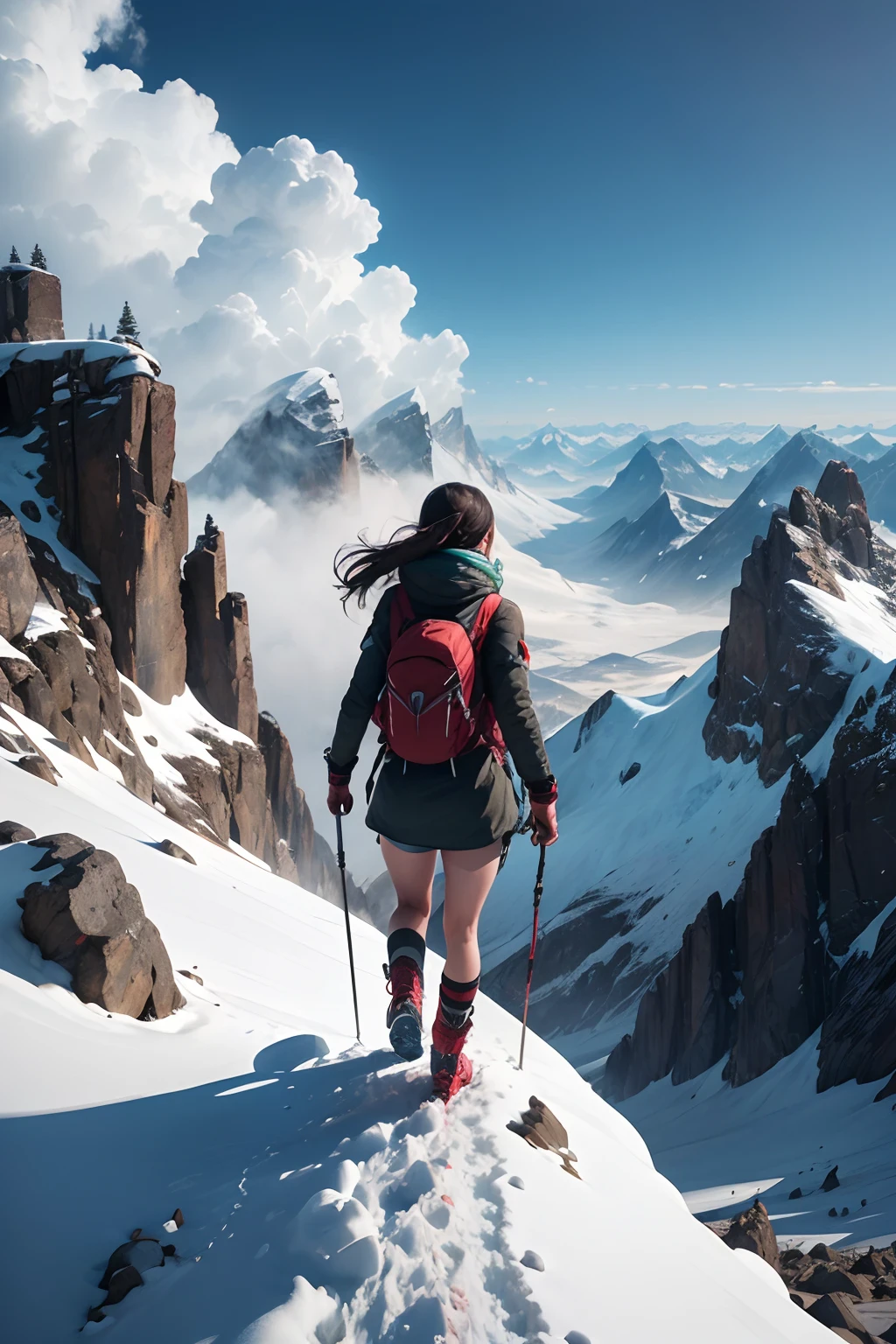 Amidst the rugged terrain, a determined and adventurous girl ascends the majestic mountain. Her every step is a testament to her resilience, as she conquers both the physical challenges of the climb and the depths of her own spirit. The crisp mountain air fills her lungs as she gazes upon a breathtaking panorama of nature's beauty. With every foothold, she draws nearer to the summit, and with every heartbeat, her connection with the world around her grows stronger. The wind whispers tales of the mountain's history, and the distant horizon beckons her forward, promising a journey worth every arduous effort.