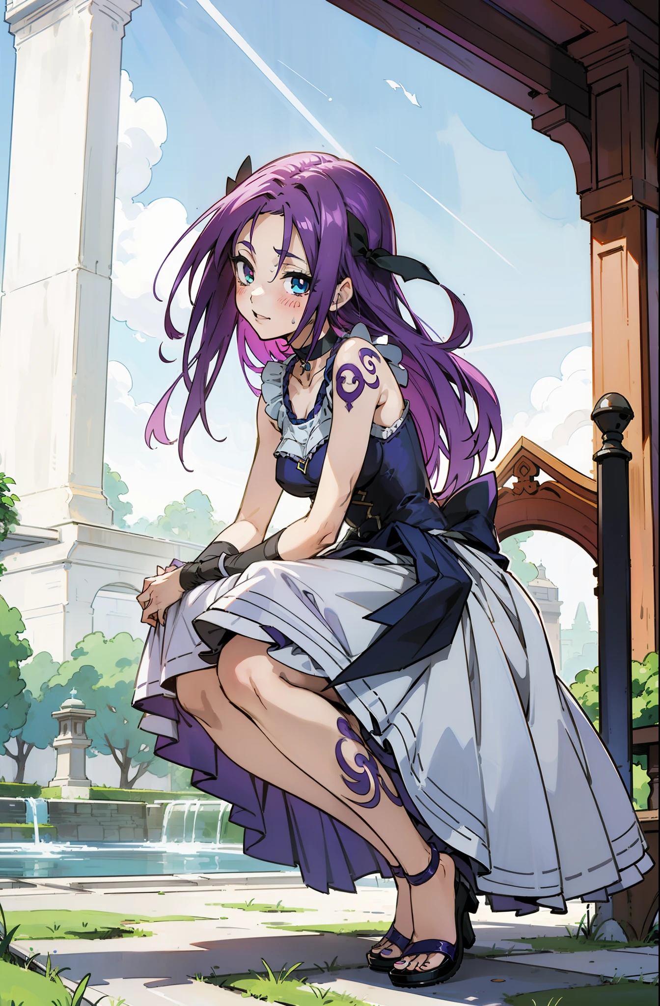 Colorful, Up-close, purple color hair, Ultra-realistic hair quality, Vibrant colors, Young Girl, girl, Beautiful long hair, Shiny hair, detailed hairs, Hair Ribbon, Single-sided up, Reo Mikage, Blue Lock, no sleeves, Sleeveless, open shoulders, Cinderella, drawing, Cinderella with panniers, Cinderella Dress, Lace dress, long dress, white stockings, stockings, Chest exposure, Lace underwear, Metamorphosis is exposed, buckle, Choker, Black Choker, complete fingers, Five Fingers, Two arms, Two hands, The tattoo, body tattoo, arm tattoos, Blue Rose Tattoo, Tattoo on the wrist, Tattoo on the thigh, Relative area, Sexy breasts, Big breasts, red blush, 1girl in, Solo, Sharp face, Heterochromia, Green eyes, Purple eyes, Bare neck, Happy face, light smile, skirt in dress, pannier in dress,sitting on the grounds, Scenery of Shanghai, Castles, crouching down, bare foot, sandals, masutepiece, Ultra-detailed, Hyper-detailing, anime, anime style, Best Quality