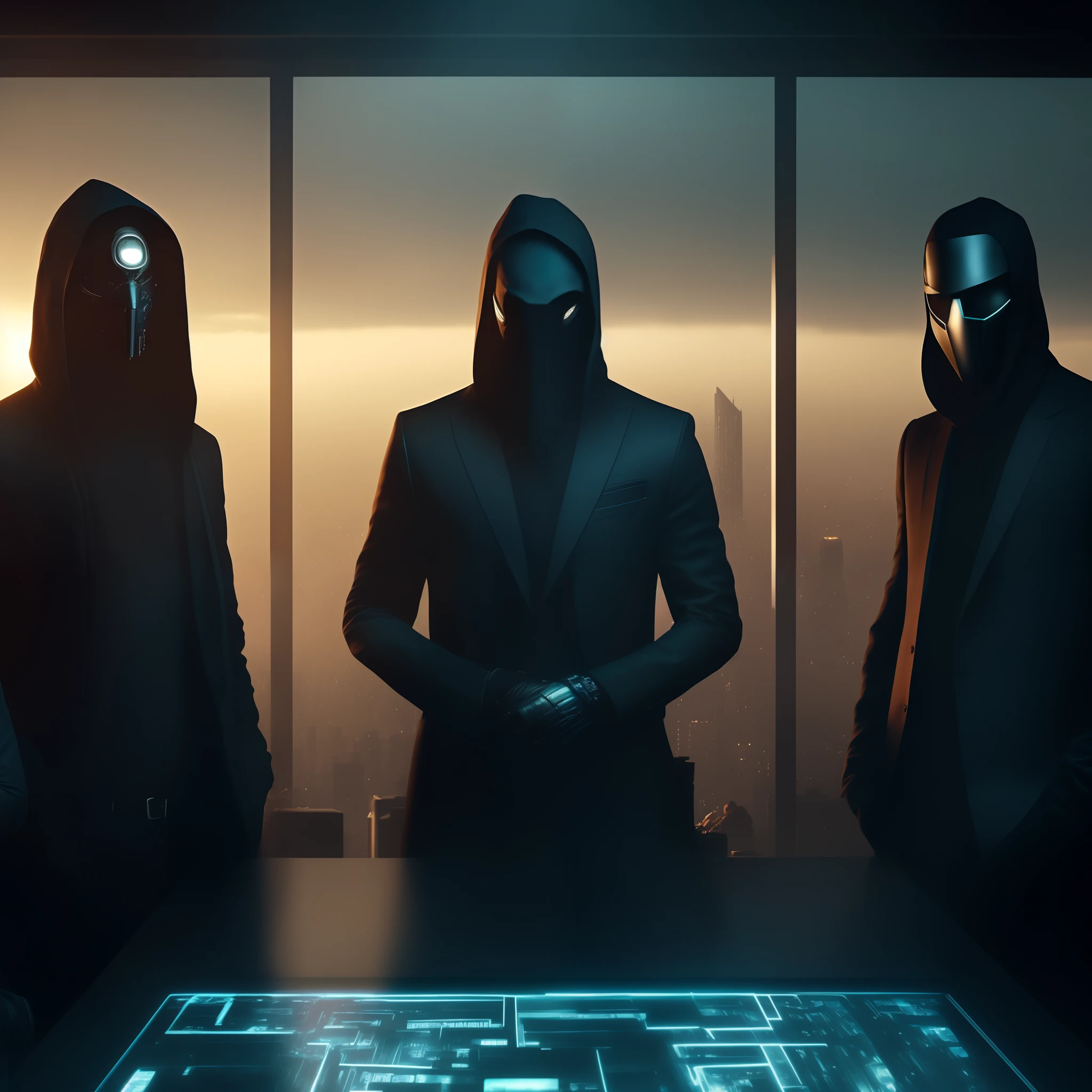 three people in suits and masks stand in front of a table with a city view, cyberpunk noir, neo - noir style, cyberpunk techwear, neo noir style, orthodox cyberpunk, futuristic noir, the encrypted metaverse, all black cyberpunk clothes, beaten tech. neo noir style, in cyberpunk style, hooded figures, anonymous, hq 4k wallpaper, cyberpunk)))