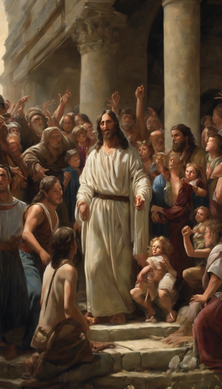 a painting of a man and a woman standing in front of a crowd, jesus hugging a woman, by Juan O'Gorman, ( art fitzpatrick ), bible illustration, by Santiago Martínez Delgado, artist unknown, by joseph binder, beautiful depiction, by David B. Mattingly, by Antonio Ciseri, by László Balogh, by Howard Lyon