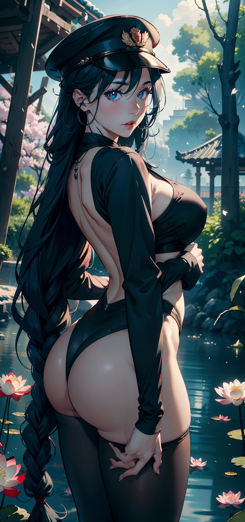 1female,45 yers old,Married Woman,熟妇,plumw,extremely large bosom, 独奏,(Background with:ponds,Cherry blossom forest,lotus flower)Lie underwater, She has long blue hair,seen from the front,, mostly cloudy sky,(((tmasterpiece),(Very detailed CG unity 8K wallpaper),best qualtiy,cinmatic lighting,detailed back ground,beatiful detailed eyes,Bright pupils,Black eyes,Snow-whiteskin,Redlip(Very fine and beautiful),(Beautiful and detailed eye description),ultra - detailed,tmasterpiece,))facing at camera,A high resolution,ultra - detailed),revealing breasts,Bare genitalia, Bulge,legs are open,Raised sexy,Camel toes,Desire for dissatisfaction,frontage,Soviet Red Army(Wearing:,Black tights,Bare ,military hat,)