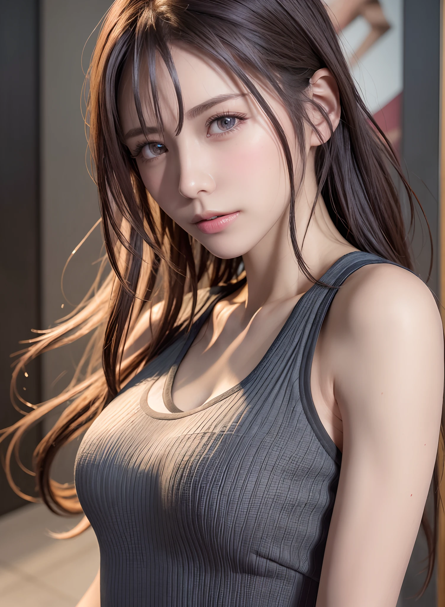 high quality picture, masutepiece, detailed hair texture, Detailed skin texture, Detailed Cloth Texture, 8K, Add fabric details, ultra detailed skin texture, ultra detailed photographic, Skin pores, Portrait of a girl, wearing tank top,