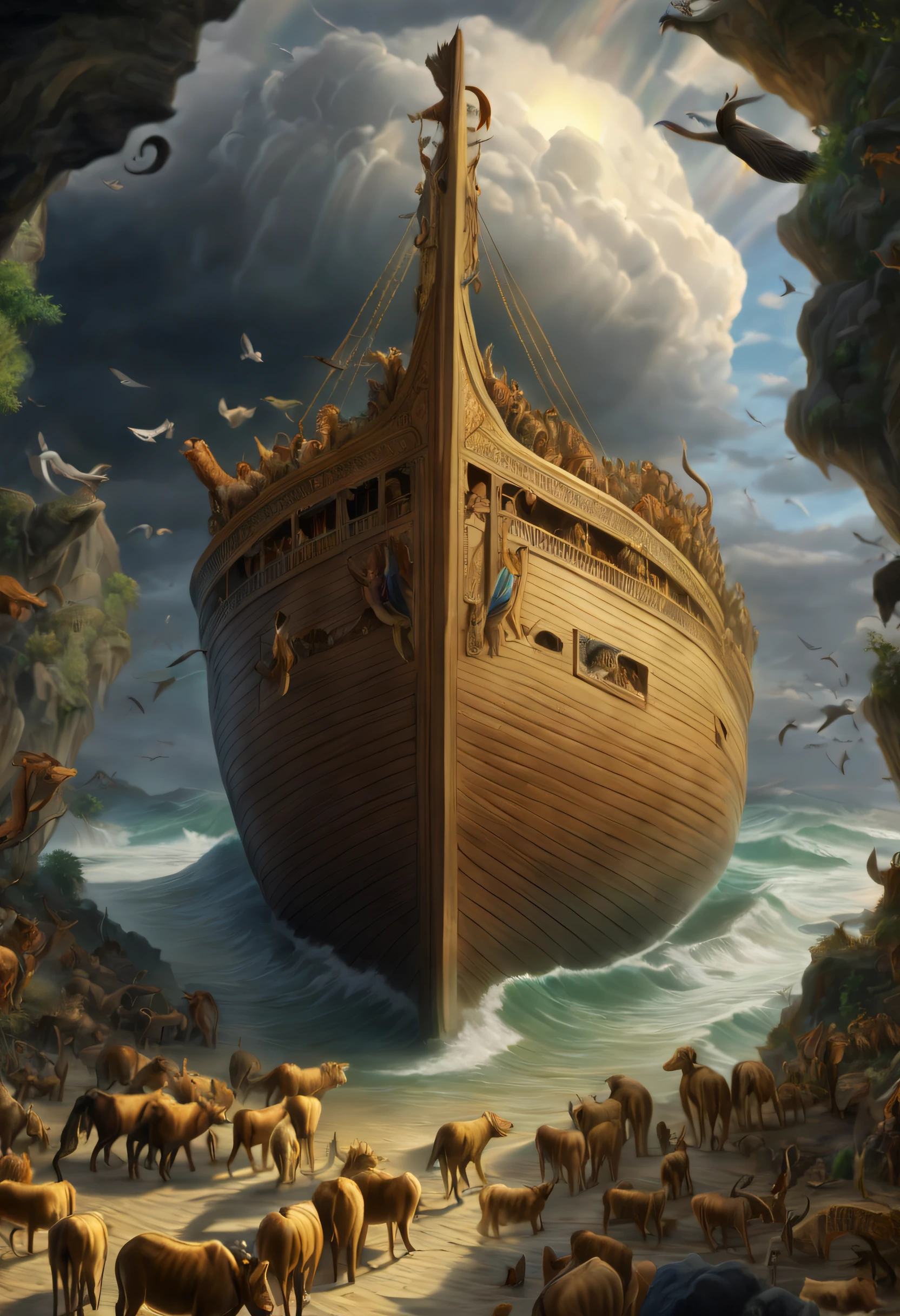 (8k, 16k, award winning, highest quality, high resolution, high detail, super detailed, anatomically correct, masterpiece), (Noah's Ark: 1.5), mythical boat, giant wooden ship, on earth all the animals on board, the stormy sea (Noah and his family: 1.1), epic poetry, thanksgiving, the rainbow, the flood, saving the species, mammals, birds, reptiles, animals great and small, mythical stories part of,
