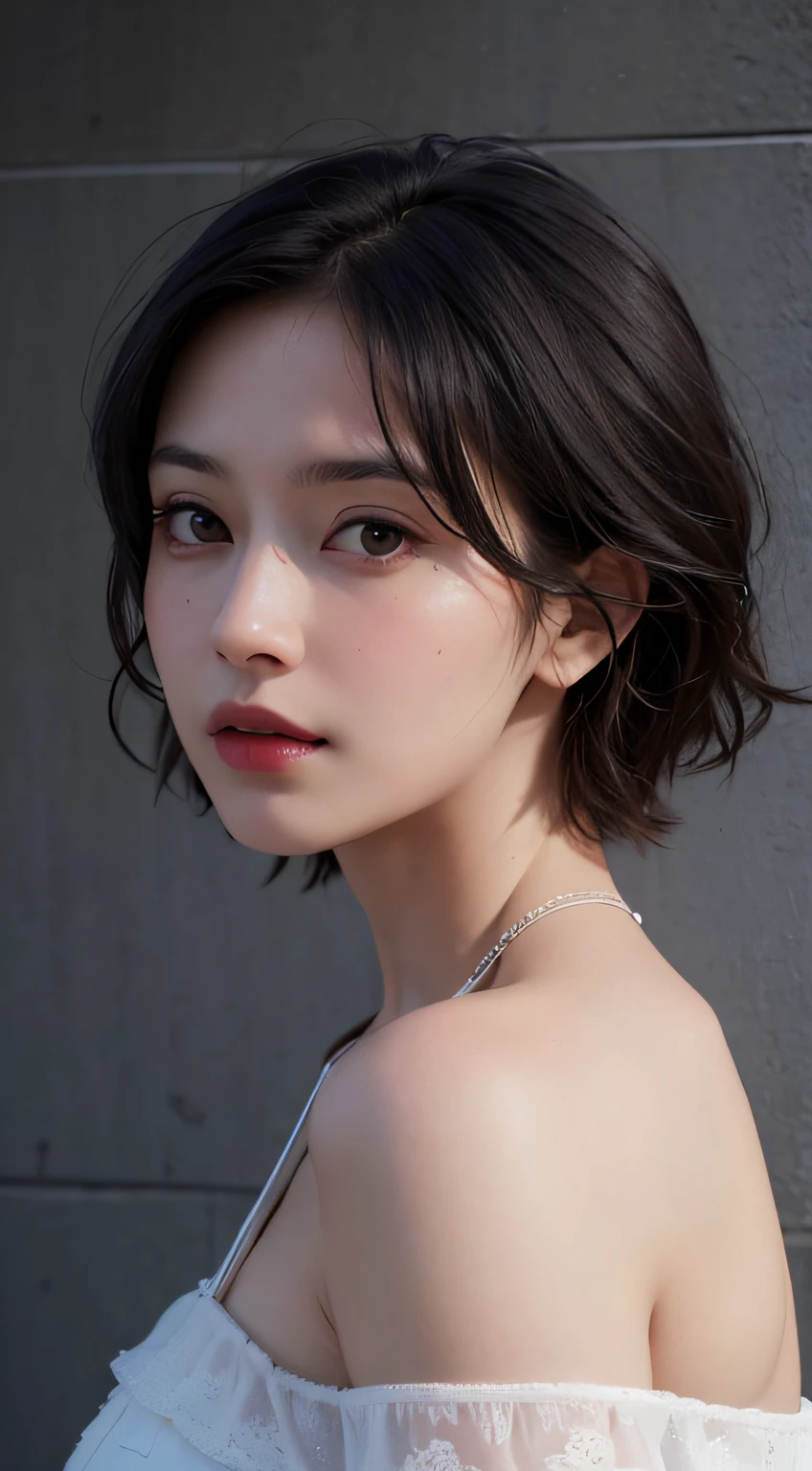 Best quality, masterpiece, ultra high res, (photorealistic:1.5), raw photo, 1girl, offshoulder, in the dark, deep shadow, low key, cold light, sexy look, short hair