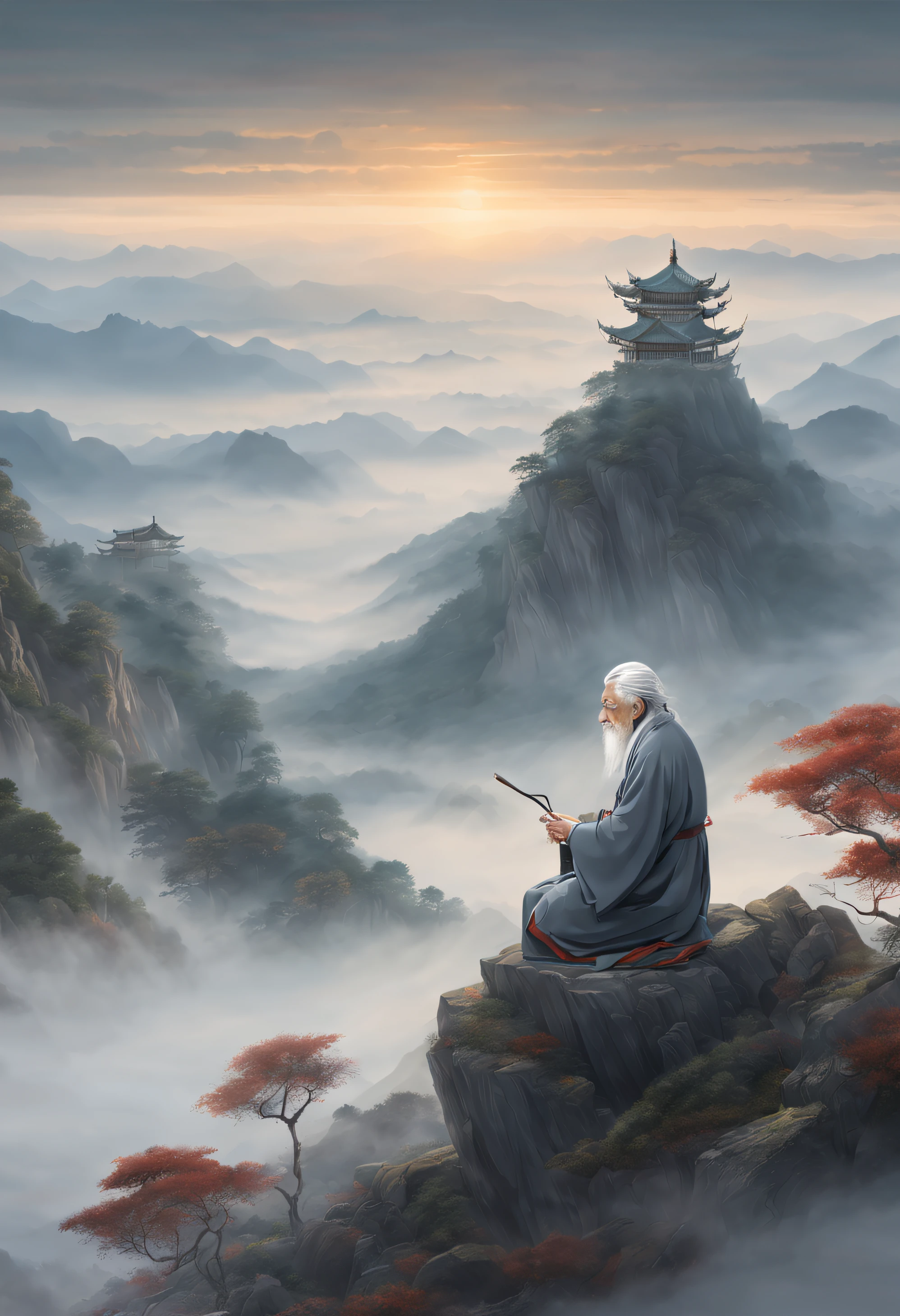 Illustration, wide-shot, wise looking old hermit with grey hair wearing Hanfu on a misty mountain, evening, masterpiece, intricate, beautiful, hyper detailed, 8k uhd, best quality.