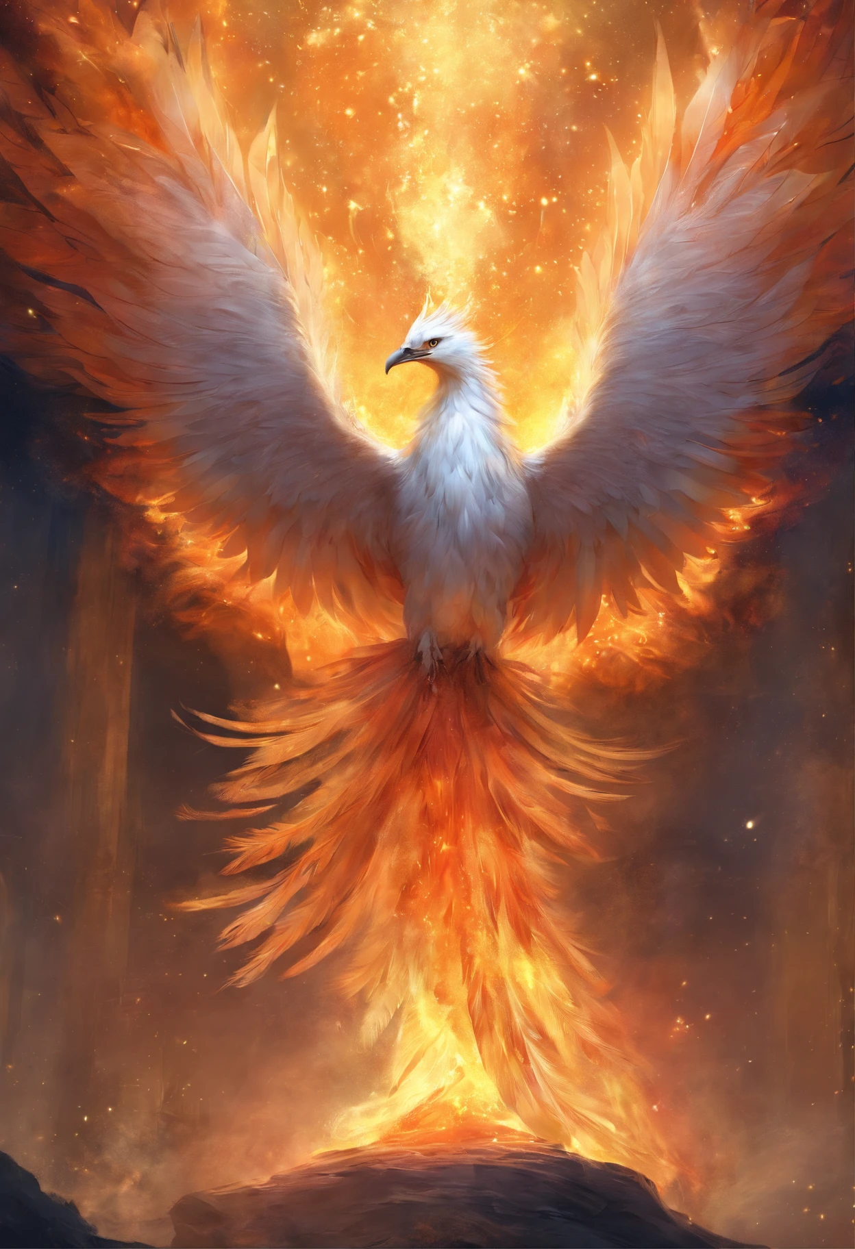 burning feathers，Phoenix reborn，Elegant and majestic，fantasy，Gustav Klimt，majestic creature，rim-light