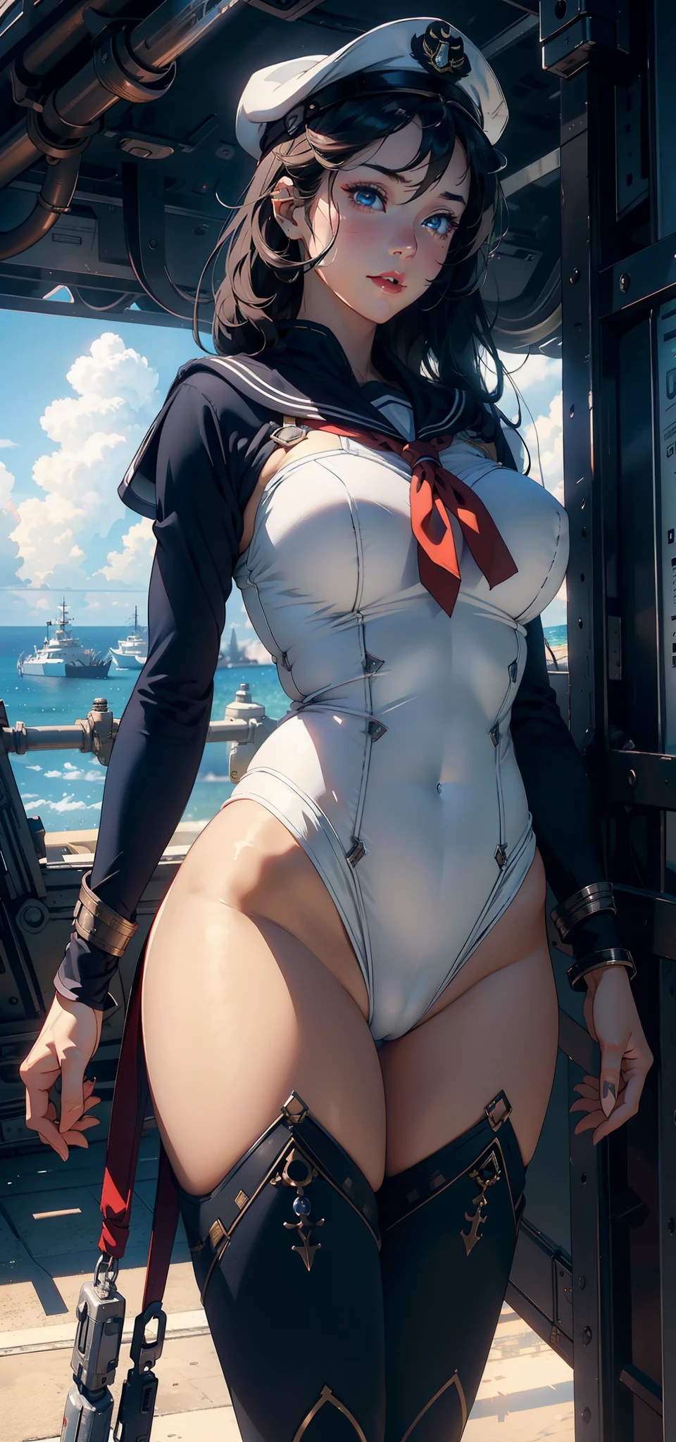 1female，35yo，plumw，extremely large bosom， 独奏，（Background with：Huge machinery，droid，the sea，battleships，Huge mechanical armor，） She has short black hair，bobo head，Stand on the plane，，seen from the front， hair straight， mostly cloudy sky，（（（tmasterpiece），（Very detailed CG unity 8K wallpaper），best qualtiy，cinmatic lighting，detailed back ground，beatiful detailed eyes，Bright pupils，Blue eyes，Snow-whiteskin，Redlip（Very fine and beautiful），（Beautiful and detailed eye description），ultra - detailed，tmasterpiece，））facing at camera，A high resolution，ultra - detailed），revealing breasts，Bare genitalia，  Bulge，legs are open，Raised sexy，Camel toes，Flushed complexion，Desire for dissatisfaction，frontage，Navy，Sailor's cap（Wearing：sailor uniformm，Jumpsuits，Black tights）