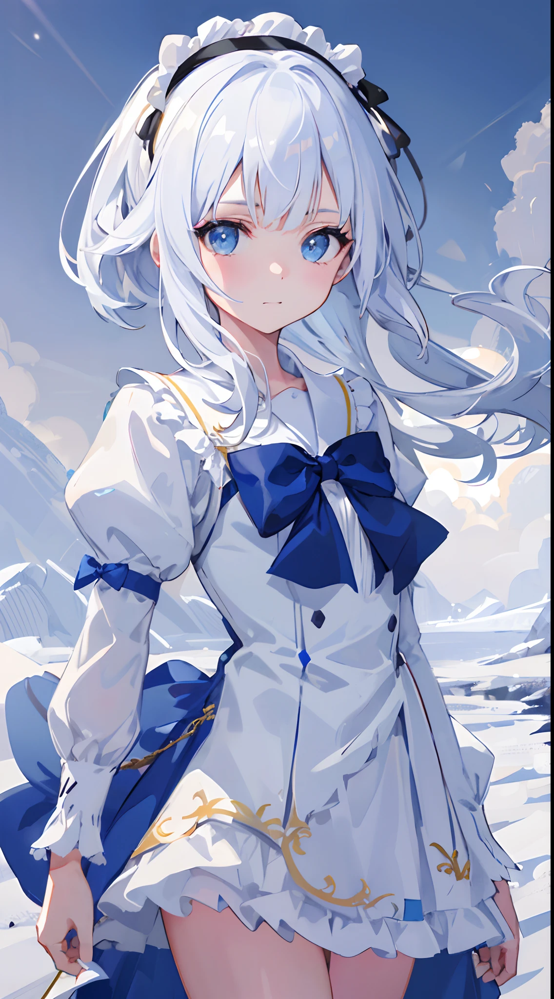 Woman with long white hair and blue eyes standing in the sky, Anime visuals of cute girls, Girl with white hair, perfect gray hair girl, white haired god, white  hair, Kantai Collection Style, anime clouds, young anime girl, anime moe art style, Anime Best Girl, (Anime Girl), an anime girl, White-haired, flowing white hair，