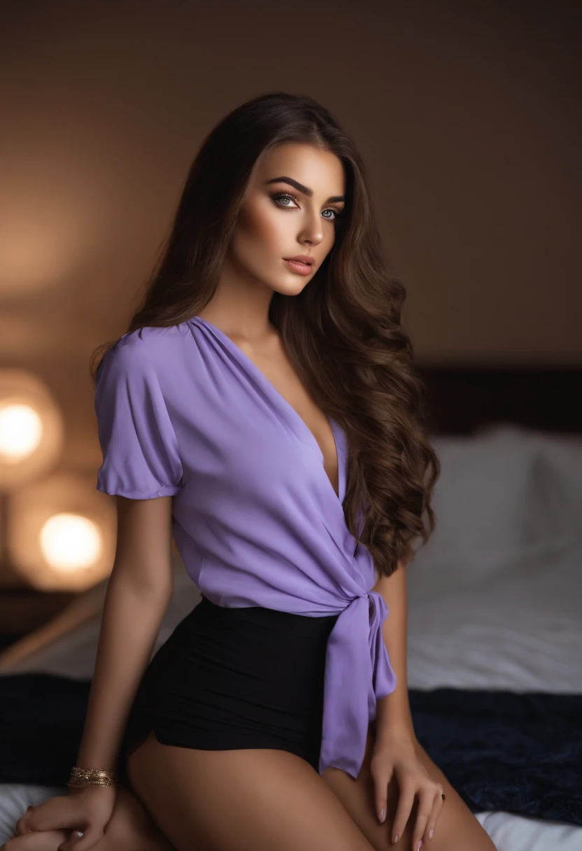 Arafed woman completely , fille sexy aux yeux bruns, ultra realist, Meticulously detailed, Portrait Sophie Mudd, cheveux bruns et grands yeux, selfie of a young woman, Dubai Eyes, Violet Myers, sans maquillage, maquillage naturel, looking straight at camera, Visage avec Artgram, Maquillage subtil, Great photo of the whole body kneeling on the bed, dans la chambre, Medium to large bust
