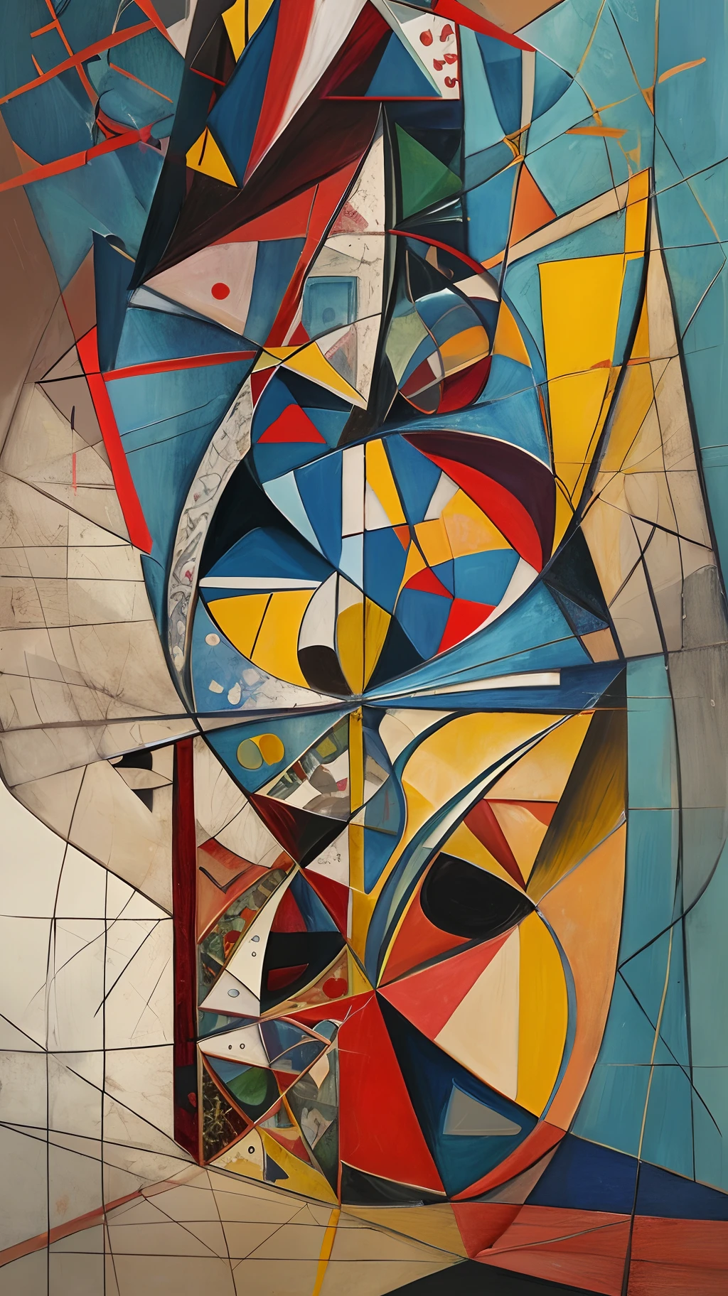 Create an artistic composition that combines Picasso's cubist abstraction with Leonardo da Vinci's sfumato technique. Use deconstructed, layered geometric shapes in bold, vivid colors, while incorporating elements of subtle gradation and soft tonal blends to add depth and dimension to the work. The image should express a sense of movement and harmony, while challenging the conventions of realistic representation. --auto --s2