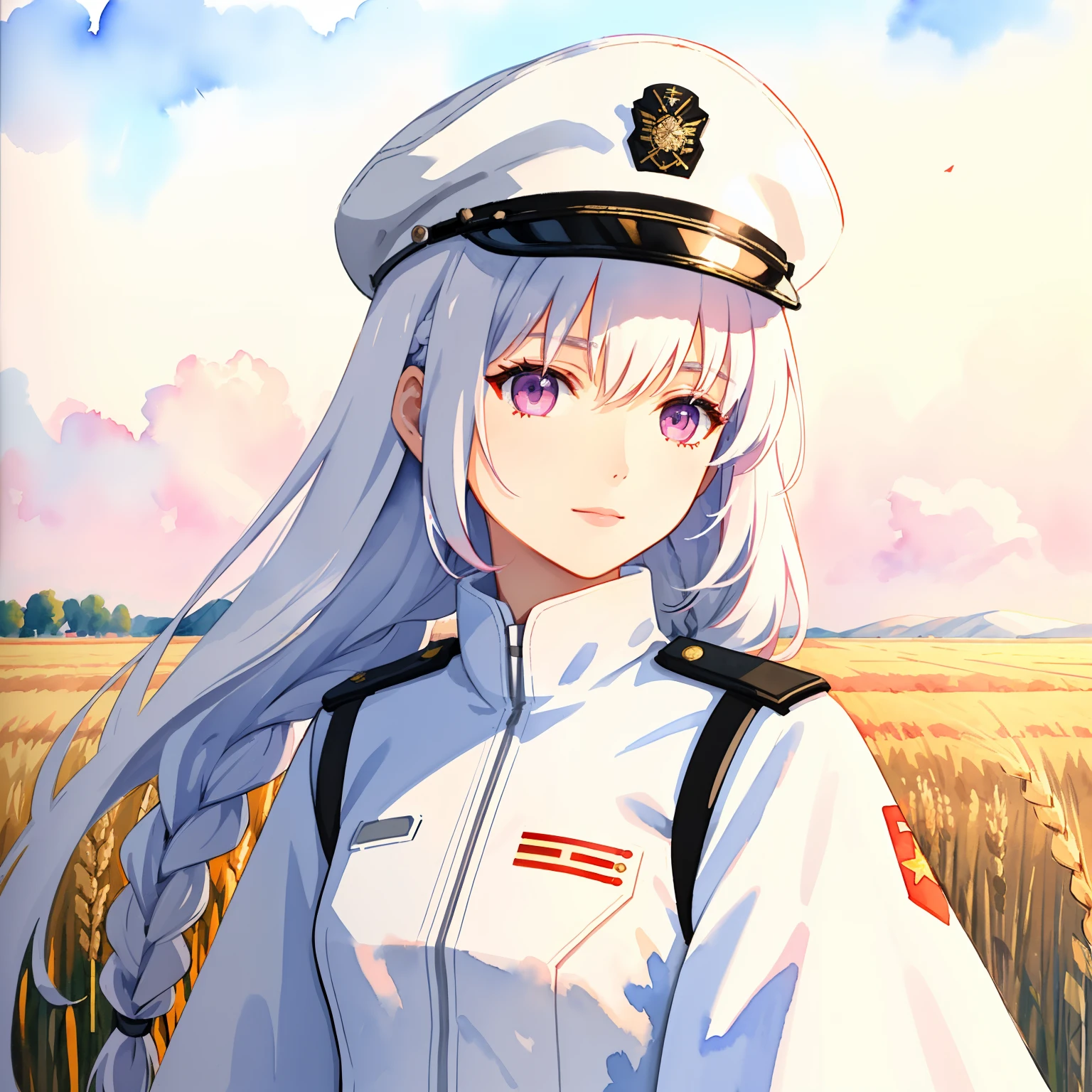 Female, petite, young adult, pink eyes, white hair, braid, white military trenchcoat, black jumpsuit, communist, (watercolor painting), high resolution, best quality, shadows, soft lights, impasto impressionism, (linear art), ((wheat field)), (((very detailed))), slight smile, white officer cap