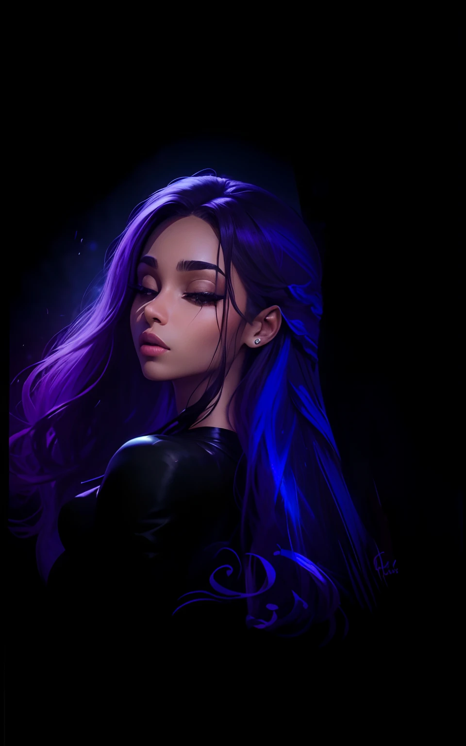 garota de cabelo preto, olhos fechados. Garota de roupa preta. closed eyelids, closed eyelids, head up, cores de fundo roxo, olho fechado. olho fechado, up head. cabelo preto longo, cabelo grande, cabelo preto. Pele perfeita,.pele branca, garota branca, fundo preto. pele branca, garota de pele branca.