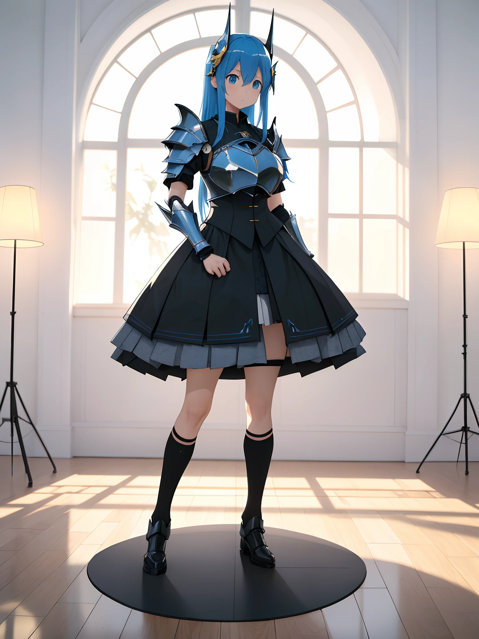 The techniques for stabilizing diffusion are as follows:

"A girl in armor and black socks poses for a photo, Anime girl in magic armor, Brightly colored armor, a woman in a suit of armor, A girl in a dress, Lady in armor skirt, Divine elegance, -yeld an girl, A lovely young lady."

(mediating)illustration, (Best quality,4K,8K,A high resolution,Masterpiece:1.2),Ultra-detailed,(Realistic,Photorealistic,photo-realistic:1.37), hdr, hyper HD, Studio lighting, Ultra-fine painting, Sharp focus, Physically-based rendering, Extreme detail description, professional, Vivid colors, Bokeh, sportrait, anime big breast.

warm vibrant colors, gentlesoftlighting，Elevate the elegant and sophisticated atmosphere of the scene.