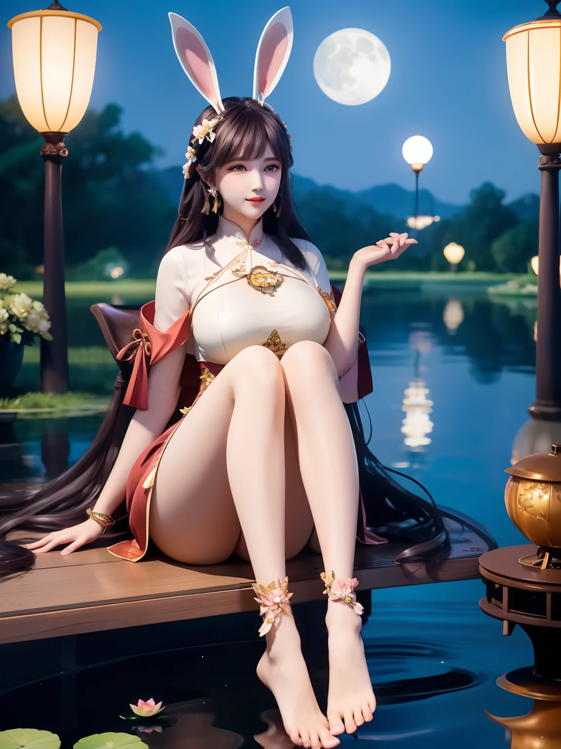 Sitting by a lake full of lotus flowers, her feet playing in the water, the art depicts a charming woman with a melon face, dressed in a flowing, silky traditional oriental dress, long, aqua blue, decorated with intricate patterns and bright colors. Her dress drapes elegantly over her curvy figure, accentuating her seductive silhouette. She sits gracefully by the tranquil lotus lake, her feet playing in the water, bathed in the soft glow of the moonlight. The scene exudes an ethereal and dreamy atmosphere, with a touch of mystery and sexiness. The graphic style blends watercolor and digital illustration techniques to evoke a refined beauty and charm. The lights are filled with soft moonlight, casting soft highlights and shadows on her charming features. Bare thighs, big breasts, three-dimensional facial features, sitting, upturned legs, side braids, rabbit ears, black hair