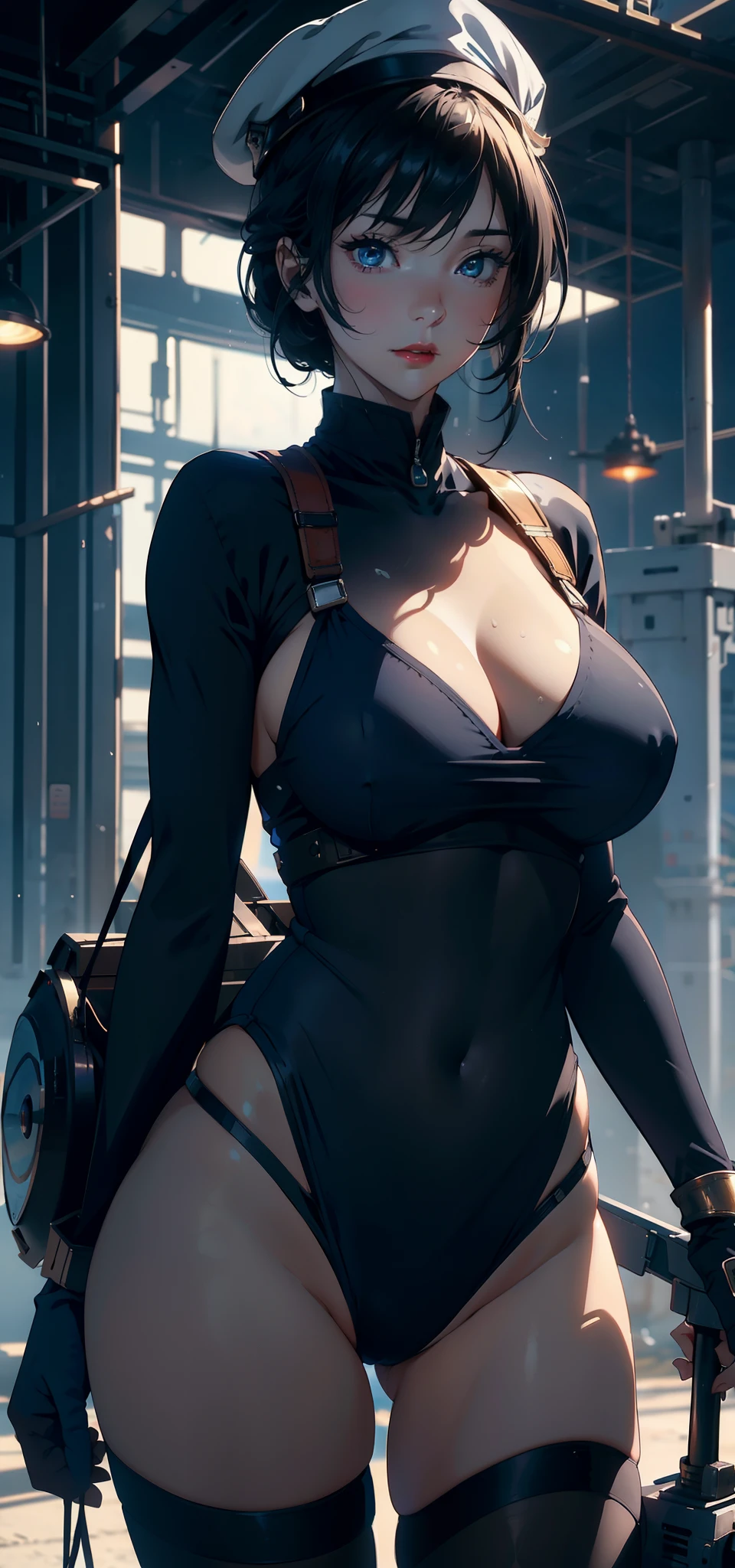 1female,35yo,plumw,extremely large bosom, 独奏,(Background with:Huge machinery,droid,the sea,battleships,Huge mechanical armor,) She has short black hair,bobo head,Stand on the plane,,seen from the front, hair straight, mostly cloudy sky,(((tmasterpiece),(Very detailed CG unity 8K wallpaper),best qualtiy,cinmatic lighting,detailed back ground,beatiful detailed eyes,Bright pupils,Blue eyes,Snow-whiteskin,Redlip(Very fine and beautiful),(Beautiful and detailed eye description),ultra - detailed,tmasterpiece,))facing at camera,A high resolution,ultra - detailed),revealing breasts,Bare genitalia, Bulge,legs are open,Raised sexy,Camel toes,Flushed complexion,Desire for dissatisfaction,frontage,Navy,Sailor's cap(Wearing:Dark blue sailor uniform,Black tights)