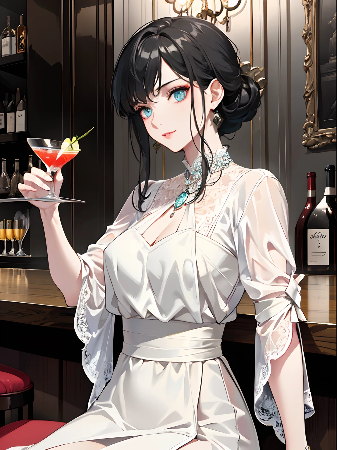 A modern-day illustration showing a person at a formal dinner. The person is holding a wine glass with a raised pinky finger. The scene includes an elegant dining table set with fine china, silverware, and a beautifully decorated background. The person is dressed in formal attire.