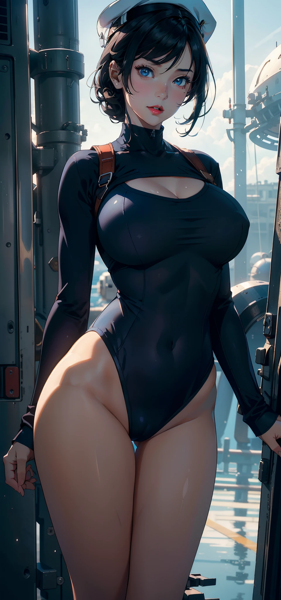 1female,35yo,plumw,extremely large bosom, 独奏,(Background with:Huge machinery,droid,the sea,battleships,Huge mechanical armor,) She has short black hair,bobo head,Stand on the plane,,seen from the front, hair straight, mostly cloudy sky,(((tmasterpiece),(Very detailed CG unity 8K wallpaper),best qualtiy,cinmatic lighting,detailed back ground,beatiful detailed eyes,Bright pupils,Blue eyes,Snow-whiteskin,Redlip(Very fine and beautiful),(Beautiful and detailed eye description),ultra - detailed,tmasterpiece,))facing at camera,A high resolution,ultra - detailed),revealing breasts,Bare genitalia, Bulge,legs are open,Raised sexy,Camel toes,Flushed complexion,Desire for dissatisfaction,frontage,Navy,Sailor's cap(Wearing:Dark blue sailor uniform,Black tights)