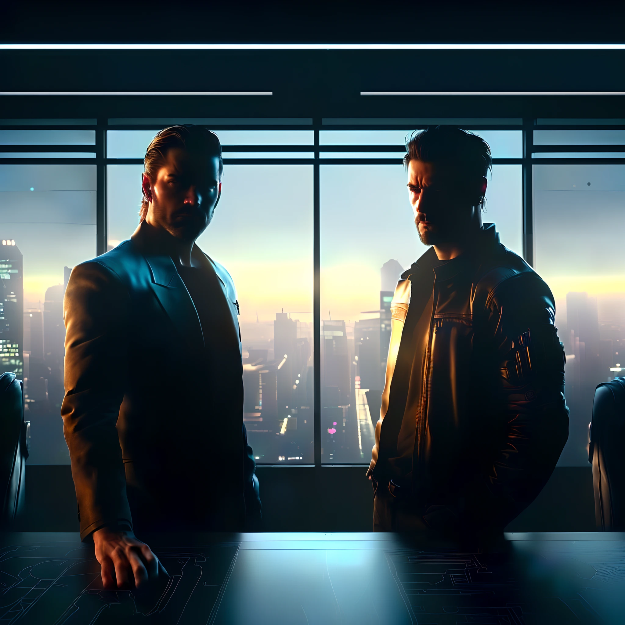 two men standing in front of a window with a city view, cyberpunk lut, medium shot of two characters, detailed cinematic render, beeple and greg rutkowski, shot from cinematic, cyberpunk art ultrarealistic 8k, cinematic 3d render, cinematic contrasted lighting, cyberpunk noir, dan mumford. 8 k octane render, cinematic render