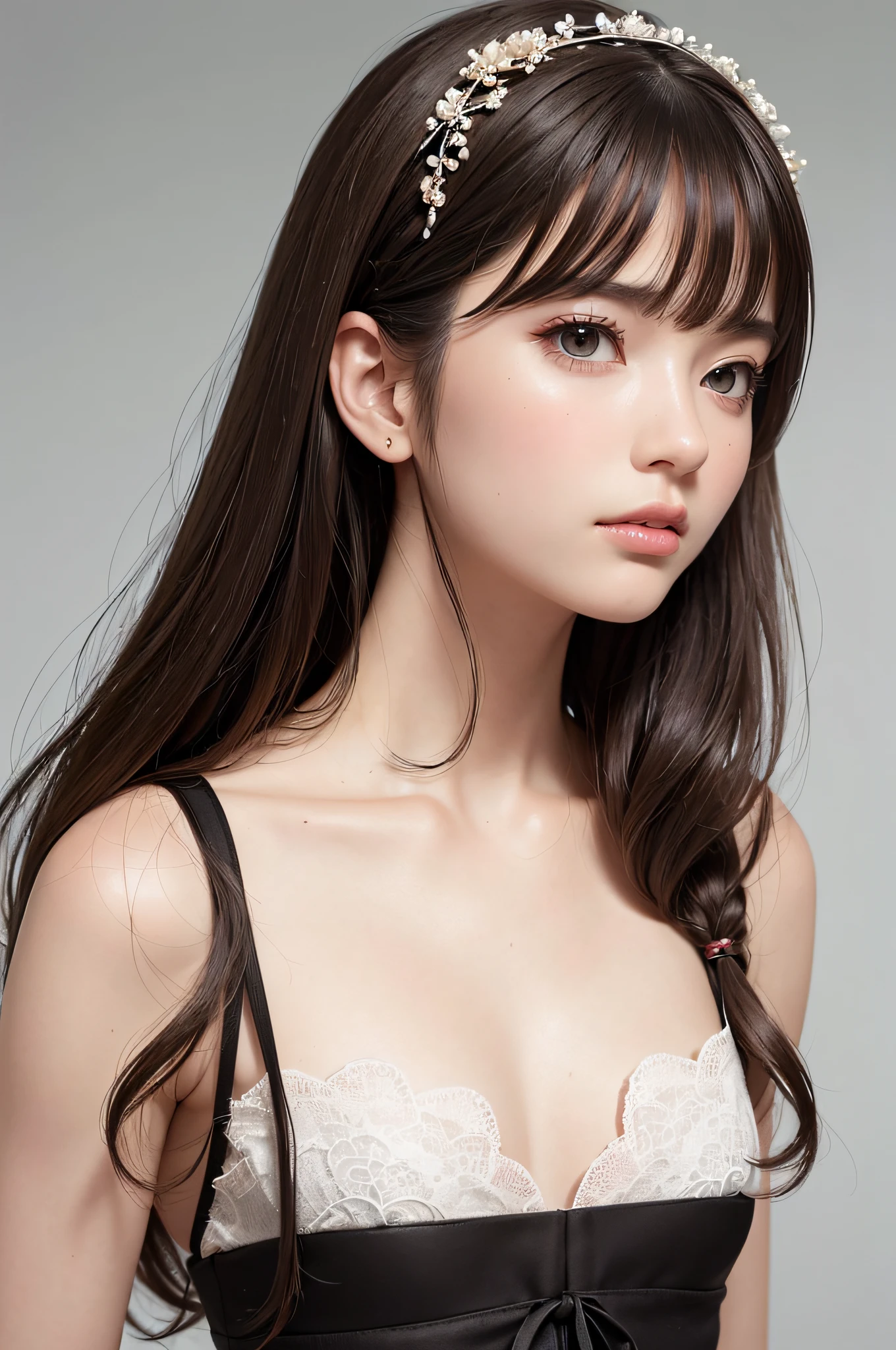 (masutepiece:1.3), High resolution, ultra-detailliert, the Extremely Detailed CG Unity 8K Wallpapers, Realistic, Photorealsitic, Raw photo, beautifull detailed face, pale skin, realistic glistening skin, Detailed Cloth Texture, detailed hair texture, Perfect body, Beautiful face, acurate, Anatomically correct, Highly detailed face and skin texture, Natural neck length, (Fair skin:1.2), thin legs, Thin feet, (Aligned teeth:1.1), Sweaty skin, BREAK, Detailed eyes, symmetrical eye, Light brown eyes, Double eyelids, Thin eyebrows, (Sleepy eyes:1.1), (Glossy lips:1.4), (Mouth waiting for a kiss:1.2), (blush:1.2), (Small hair accessories that sparkle:1.1), BREAK, (classy girl:1.3), (Wearing (doress:1.2) With a white floral pattern), BREAK, ((Close Up Shot:1.2)), medium breasts, Slender figure, Firm abs, ((up do hairstyle, Dark blonde hair, Wavy Hair, Long hair:1.1)), ((asymmetric bangs:1.2)),
