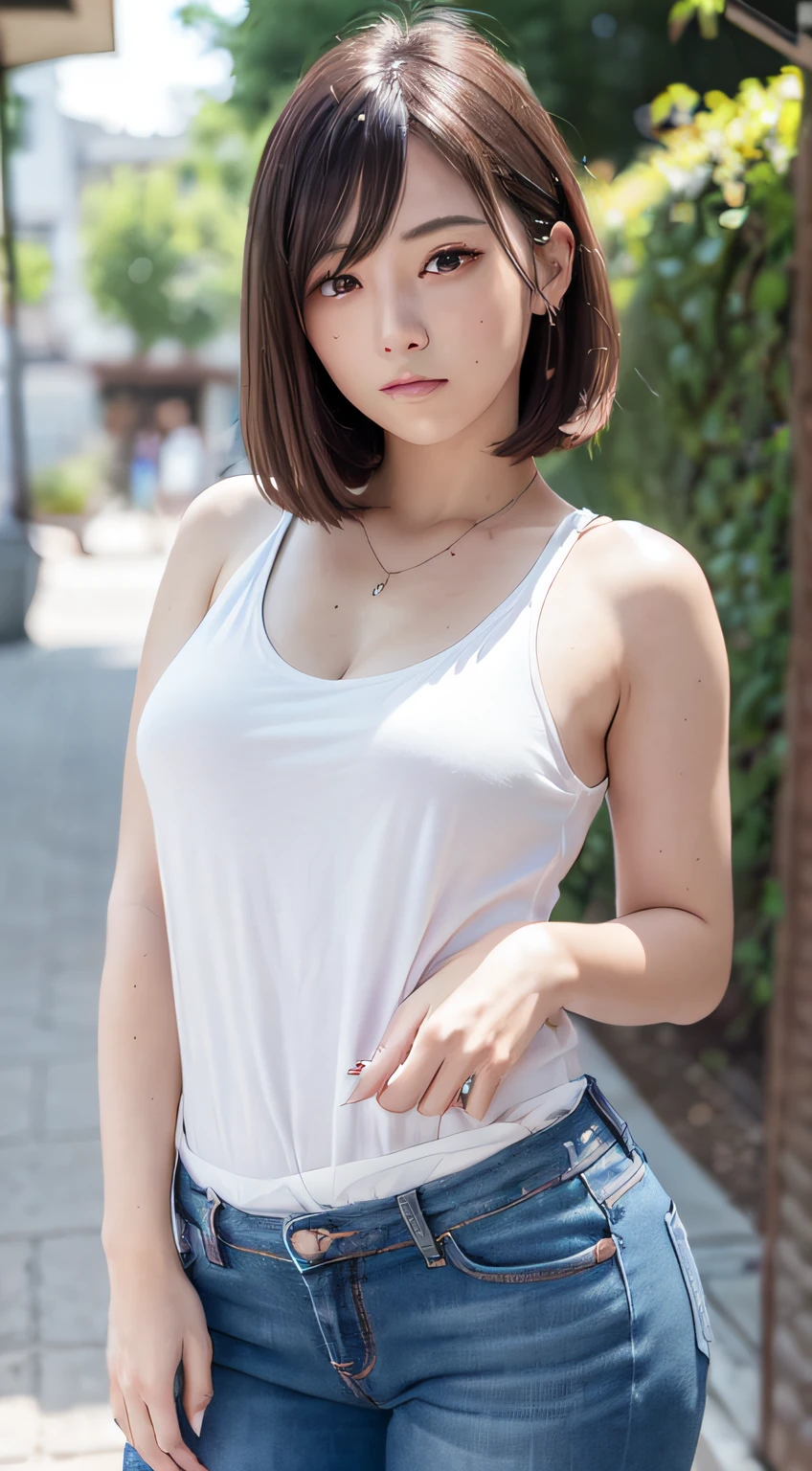 ((((masutepiece, Best Quality, High resolution)))), extremely detailed 8K, Beautiful girl with plump body, (Ultra HD, Ultra-detailed, Highly detailed, Highly realistic, Ultra-realistic, photos realistic), (1girl in:1.5), (realistic white hair), short wavy hair, bob cuts, (Dynamic Poses), facing at camera, lightsmile, Purple eyes, average breasts, (beautifull detailed face, Beautiful detailed eyes), (White tank top, Thin material), cleavage, Dark Jeans Shorts, Glow, Sweat, (sun beam, Sunlight)