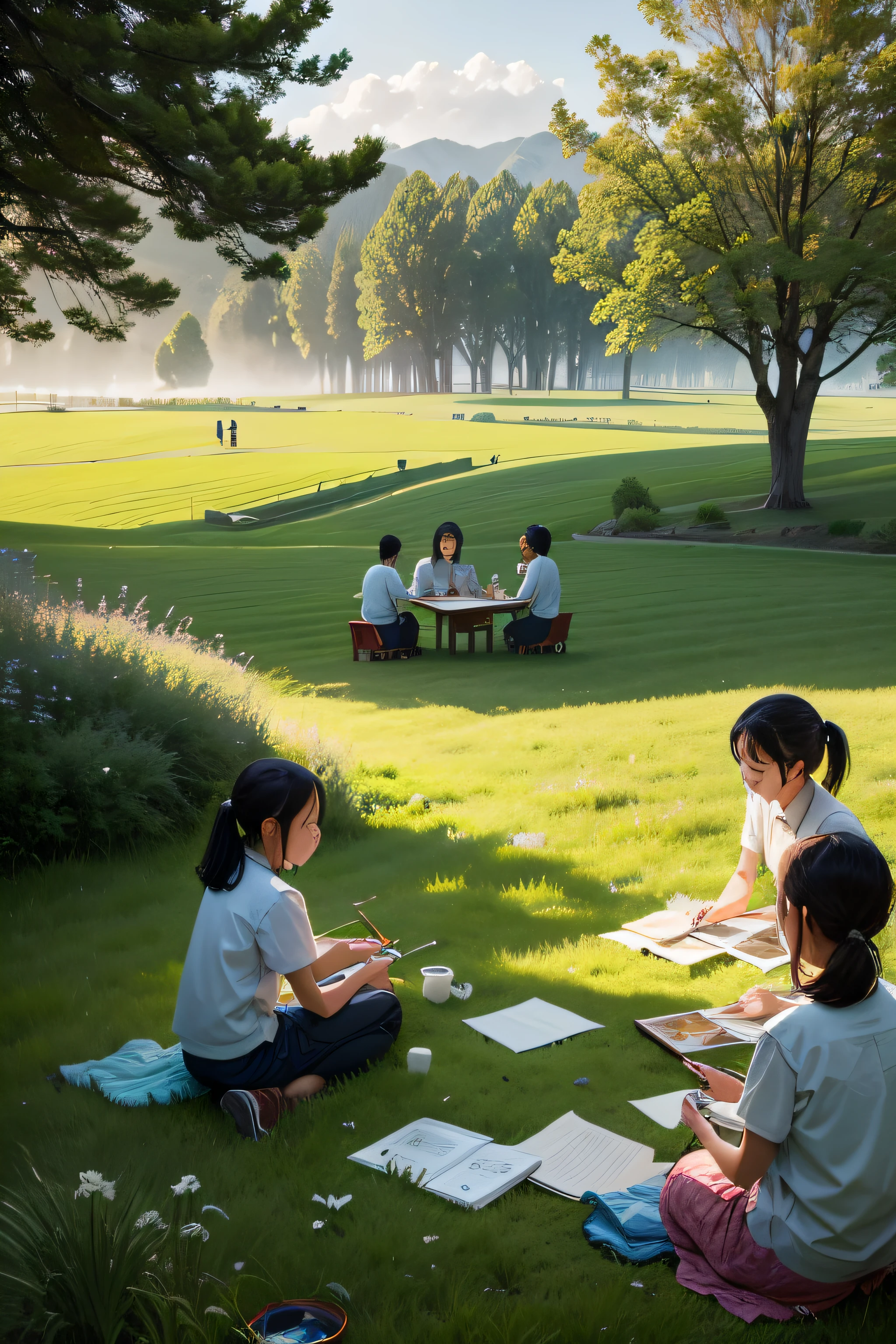 Lawn view in the morning，A group of five or six Chinese elementary school students，Painting with a female teacher in a meadow，Cosy，kids drawing，8K