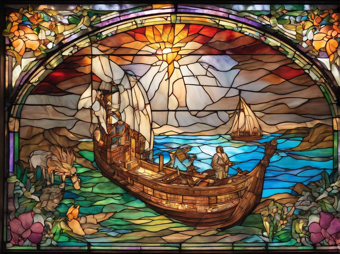 A magnificent stained-glass church window illustrating Noah's Ark, the boat adorned with an array of vividly colored animals, bathing the interior in a warm, ethereal light, Stained glass art, traditional craftsmanship with opalescent glass,
