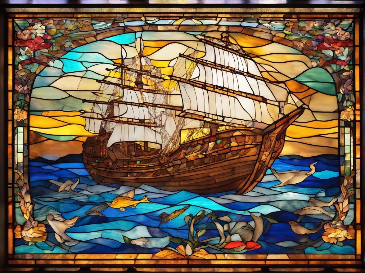 A breathtaking stained-glass church window depicting Noah's Ark, the boat filled with a colorful array of animals, the vibrant and divine scene illuminating the interior, Stained glass art, intricate leaded design