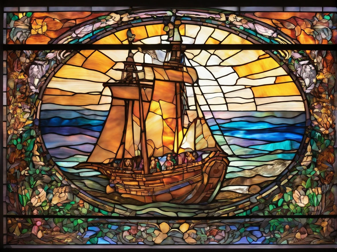 A breathtaking stained-glass church window depicting Noah's Ark, the boat filled with a colorful array of animals, the vibrant and divine scene illuminating the interior, Stained glass art, intricate leaded design