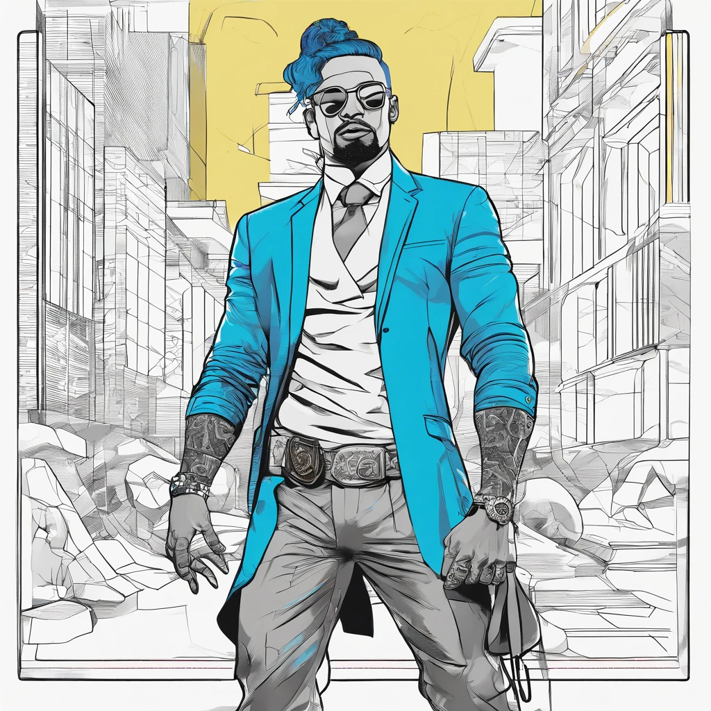 absurdres, highres, ultra detailed, (1man:1.8), ponytail, blue hair, full body, BREAK, high technology, dystopia, samurai, broken capitalism, inequality, opression BREAK, vibrant colors, white background, modern art