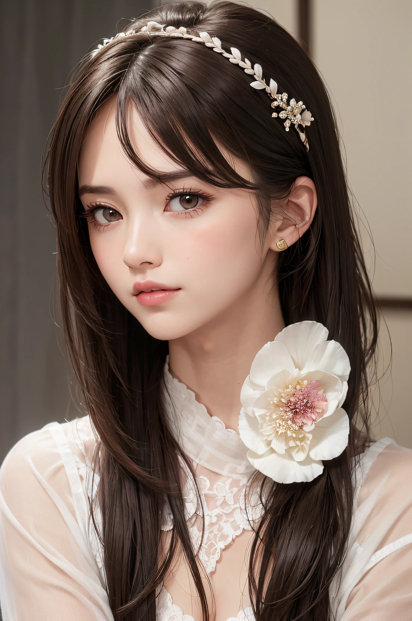 (masutepiece:1.3), High resolution, ultra-detailliert, the Extremely Detailed CG Unity 8K Wallpapers, Realistic, Photorealsitic, Raw photo, beautifull detailed face, pale skin, realistic glistening skin, Detailed Cloth Texture, detailed hair texture, Perfect body, Beautiful face, acurate, Anatomically correct, Highly detailed face and skin texture, Natural neck length, (Fair skin:1.2), thin legs, Thin feet, (Aligned teeth:1.1), Sweaty skin, BREAK, Detailed eyes, symmetrical eye, Light brown eyes, Double eyelids, Thin eyebrows, (Sleepy eyes:1.1), (Glossy lips:1.4), (Mouth waiting for a kiss:1.2), (blush:1.2), (Small hair accessories that sparkle:1.1), BREAK, (classy girl:1.3), (Wearing (doress:1.2) With a white floral pattern), BREAK, ((Close Up Shot:1.2)), medium breasts, Slender figure, Firm abs, ((up do hairstyle, Dark blonde hair, Wavy Hair, Long hair:1.1)), ((asymmetric bangs:1.2)),