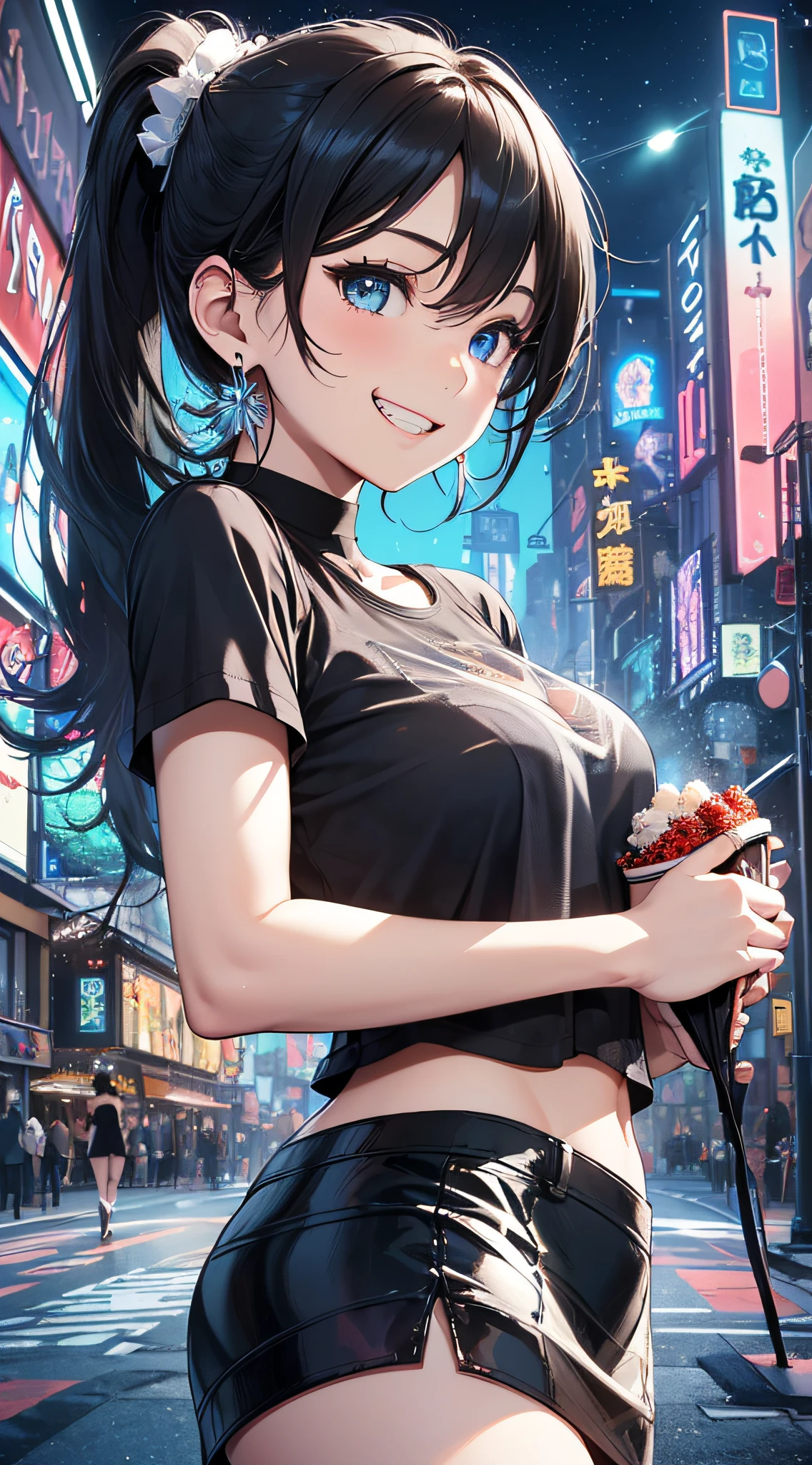 top-quality、Top image quality、masterpiece、girl with((18year old、Best Bust、Medium bust、Bust 85,Beautiful blue eyes、Breasts wide open,Black Short Sleeve T-Shirt、White see-through、Black short skirt、Ponytail with black hair、grin、Fashionable bags、Beautiful blue earrings))hiquality、Beautiful Art、Background with((Fashionable city、movie theatre)),masutepiece、Elaborate design、visualart、depth of fields、The best lighting、highestdetailed、