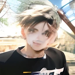 A boy, transformed into an anime style, with exaggerated unique facial features and clothing, standing on a bustling city street, backlit background highlighting the subject, high-contrast colors, 4K high-definition quality,young, smiling, handsome